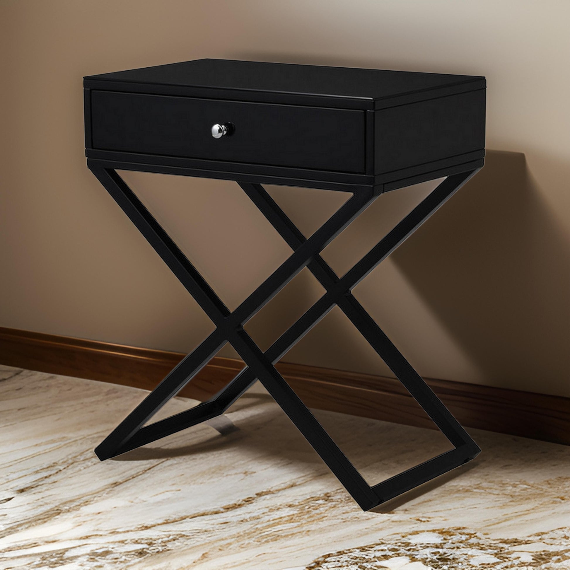 Zeno 27 Inch 1 Drawer Nightstand, Glass Top, Metal Cross Legs, Modern Black Black Silver Mdf Metal