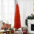 Homcom 7' Artificial Pencil Christmas Tree, Slim Xmas Tree With 499 Realistic Branch Tips And Plastic Stand, Red Red Plastic