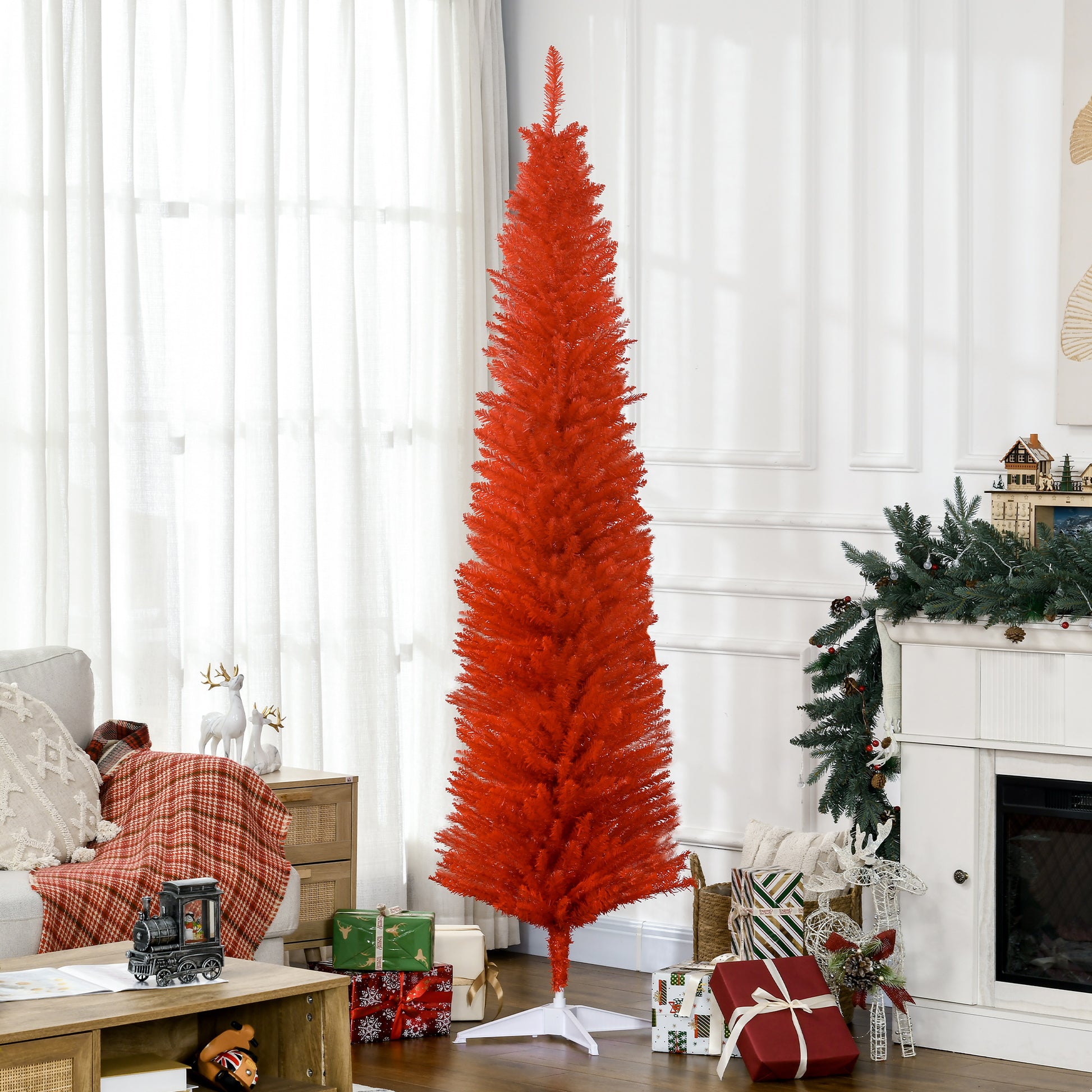 Homcom 7' Artificial Pencil Christmas Tree, Slim Xmas Tree With 499 Realistic Branch Tips And Plastic Stand, Red Red Plastic