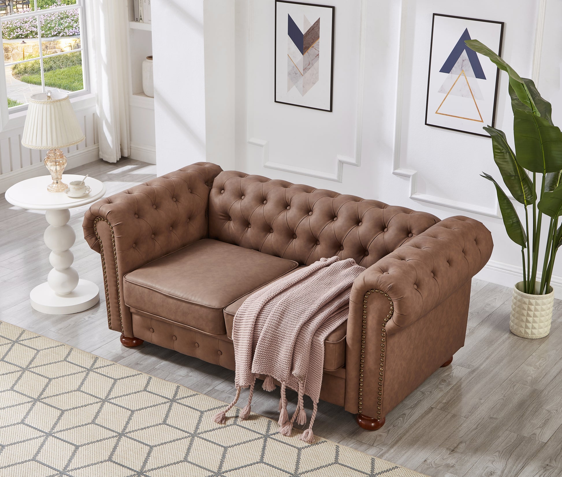 Classic Chesterfield Sofa Loveseat For Living Room Brown Faux Leather Brown Foam Technical Leather 2 Seat