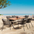 7 Pieces Patio Dining Set, All Weather Outdoor Furniture Set With Dining Table And Chairs, Acacia Wood Tabletop, Metal Frame, For For Garden, Backyard, Balcony, Grey Yes Grey Seats 6 Garden &