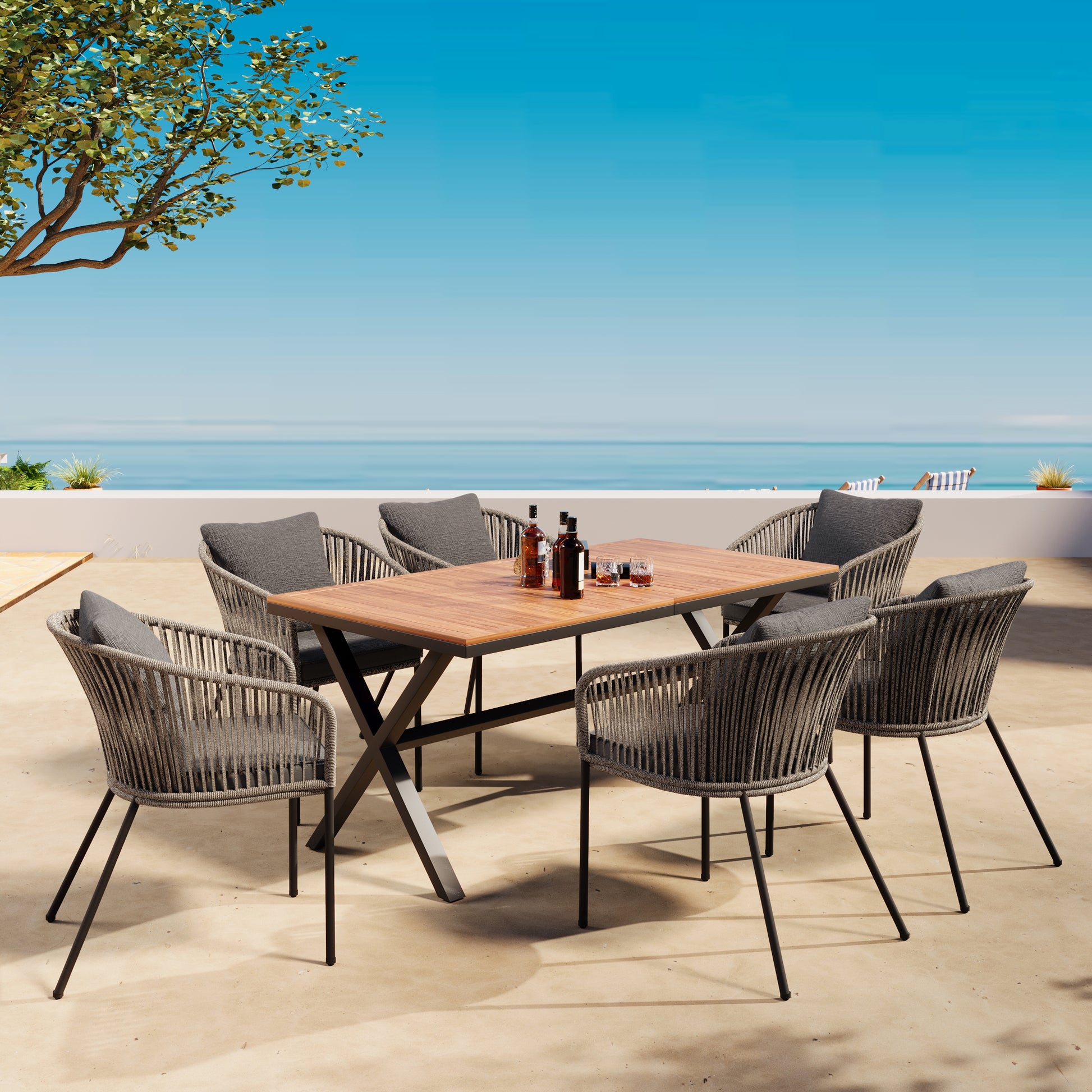 7 Pieces Patio Dining Set, All Weather Outdoor Furniture Set With Dining Table And Chairs, Acacia Wood Tabletop, Metal Frame, For For Garden, Backyard, Balcony, Grey Yes Grey Seats 6 Garden &