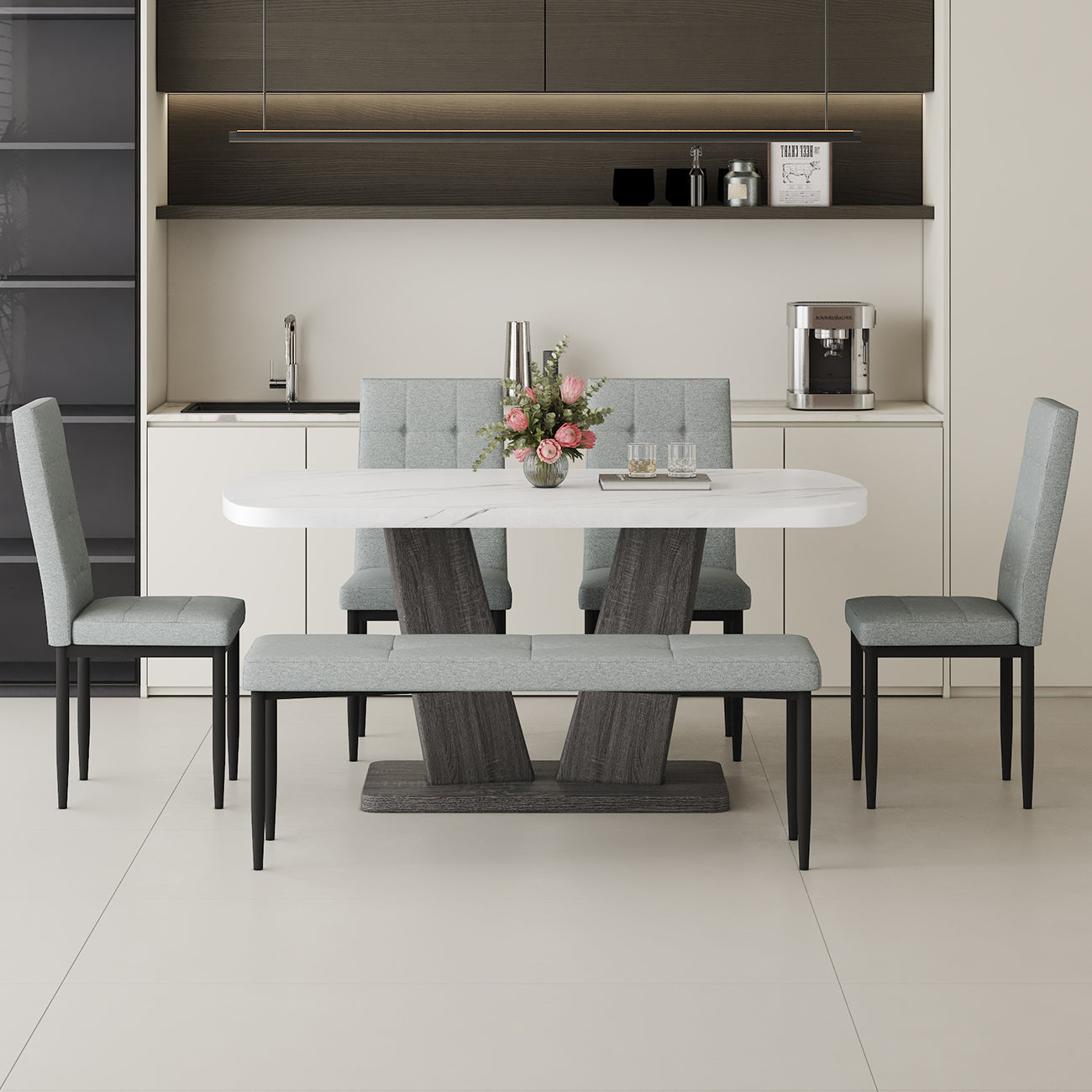 63" Modern Style 6 Piece Dining Table With 4 Chairs & 1 Bench, Table With Marbled Veneers Tabletop And V Shaped Table Legs White Metal Grey White Modern Rectangular Mdf Mdf