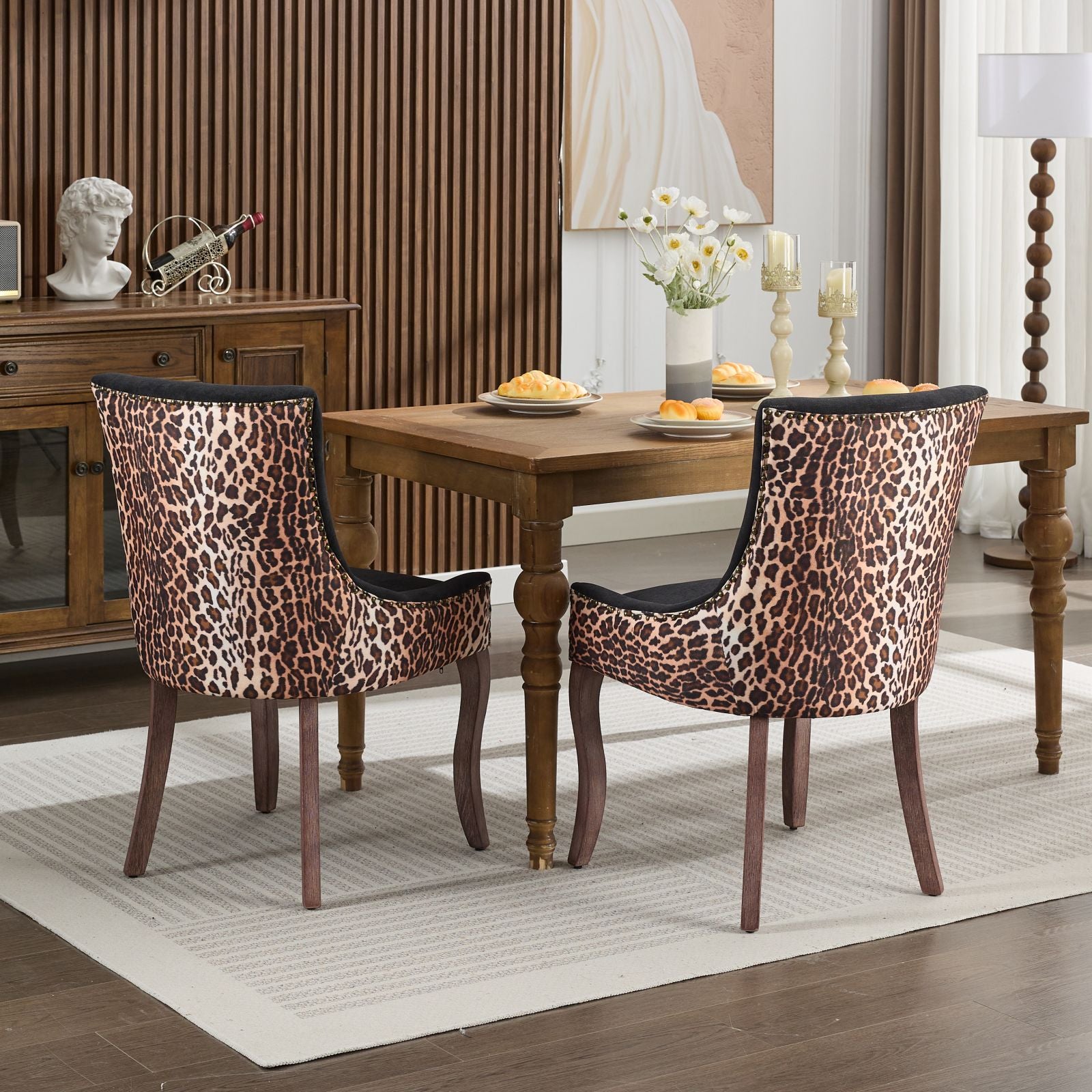 Ultra Side Dining Chair, Thickened Fabric Chairs With Neutrally Toned Solid Wood Legs, Bronze Nail Head, Set Of 2,Leopard Print Leopard Modern Dining Chairs Rubberwood Set Of 2 Foam Fabric