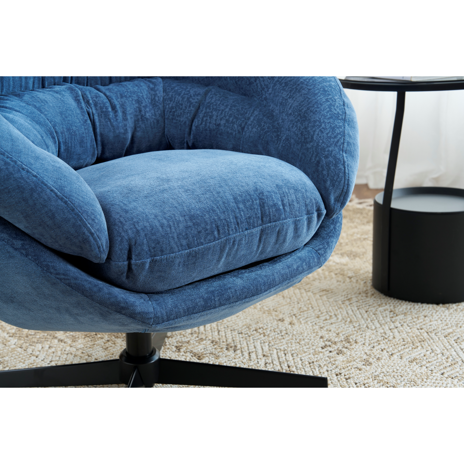 Chenille Upholstered 360 Swivel Club Chair Accent Chair With Removable Cushion, Round Office Chair With Black Metal Base, Cotton Material, Living Room, Bedroom, Reading Corner, Office Navy Blue