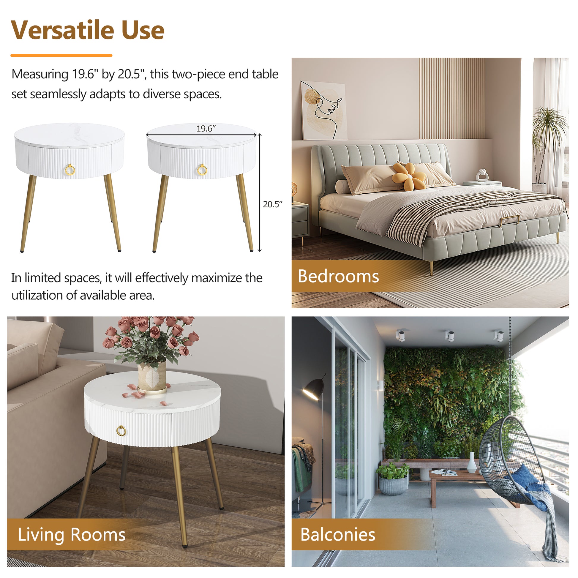 19.6'' Easy Assembly End Tables With High Gloss Faux Marble Tabletops, Set Of 2, Modern Fluted 2 Side Tables With Drawers, Round Coffee Tables With Golden Legs For Living Room, White White Gold Primary Living Space Drawers Round Mdf Iron