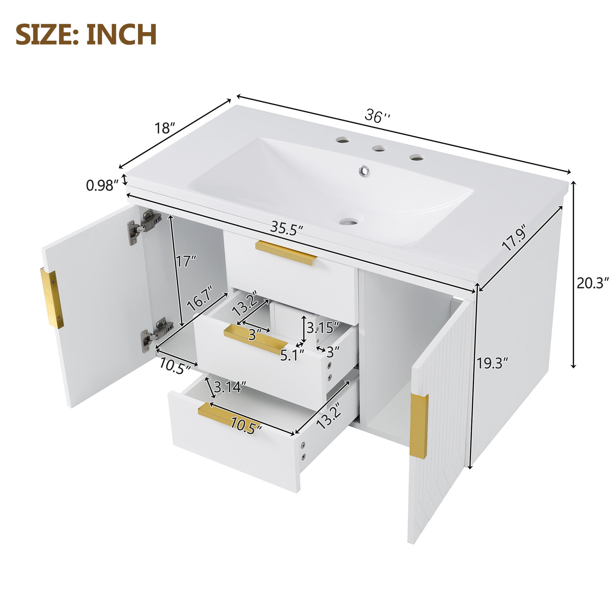36'' Wall Mounted Bathroom Vanity With Resin Sink, Floating Bathroom Storage Cabinet With 2 Drawers, Solid Wood Bathroom Cabinet White Bathroom Modern Mdf