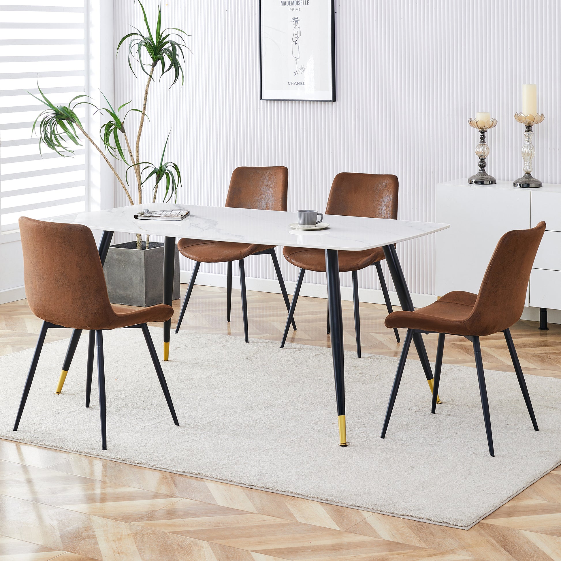 Table And Chair Set,White Imitation Marble Texture Rock Board Table Top, Black Metal Table Legs, Stable And Beautiful. Modern Simple Dining Table, Comfortable Seating. Brown White Seats 4 Metal