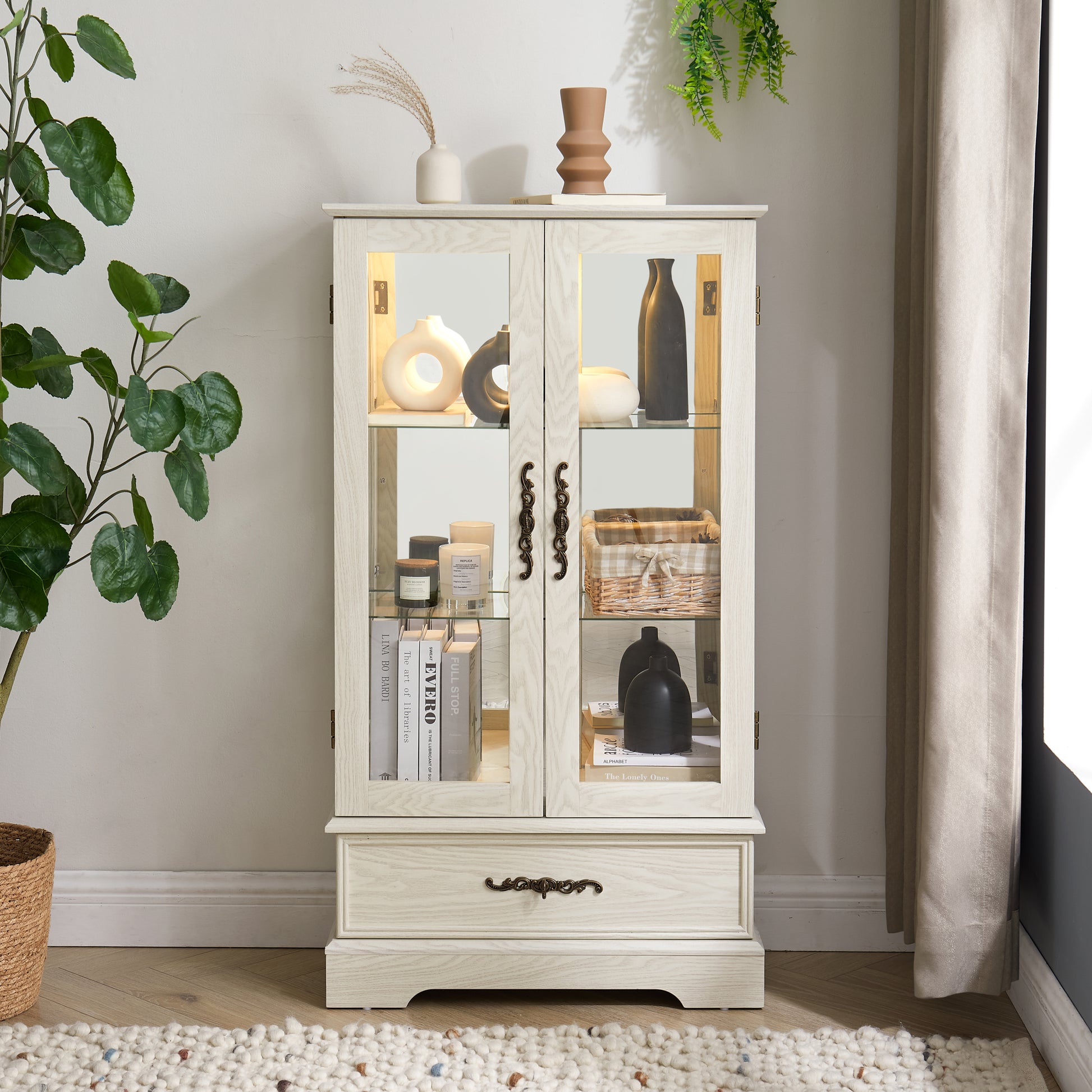 Glass Cabinet Lighted Glass Cabinet Curio Display Cabinet With Adjustable Glass Shelves 2 Doors And 1 Drawer Cabinet Bulb Included White White Mdf Glass