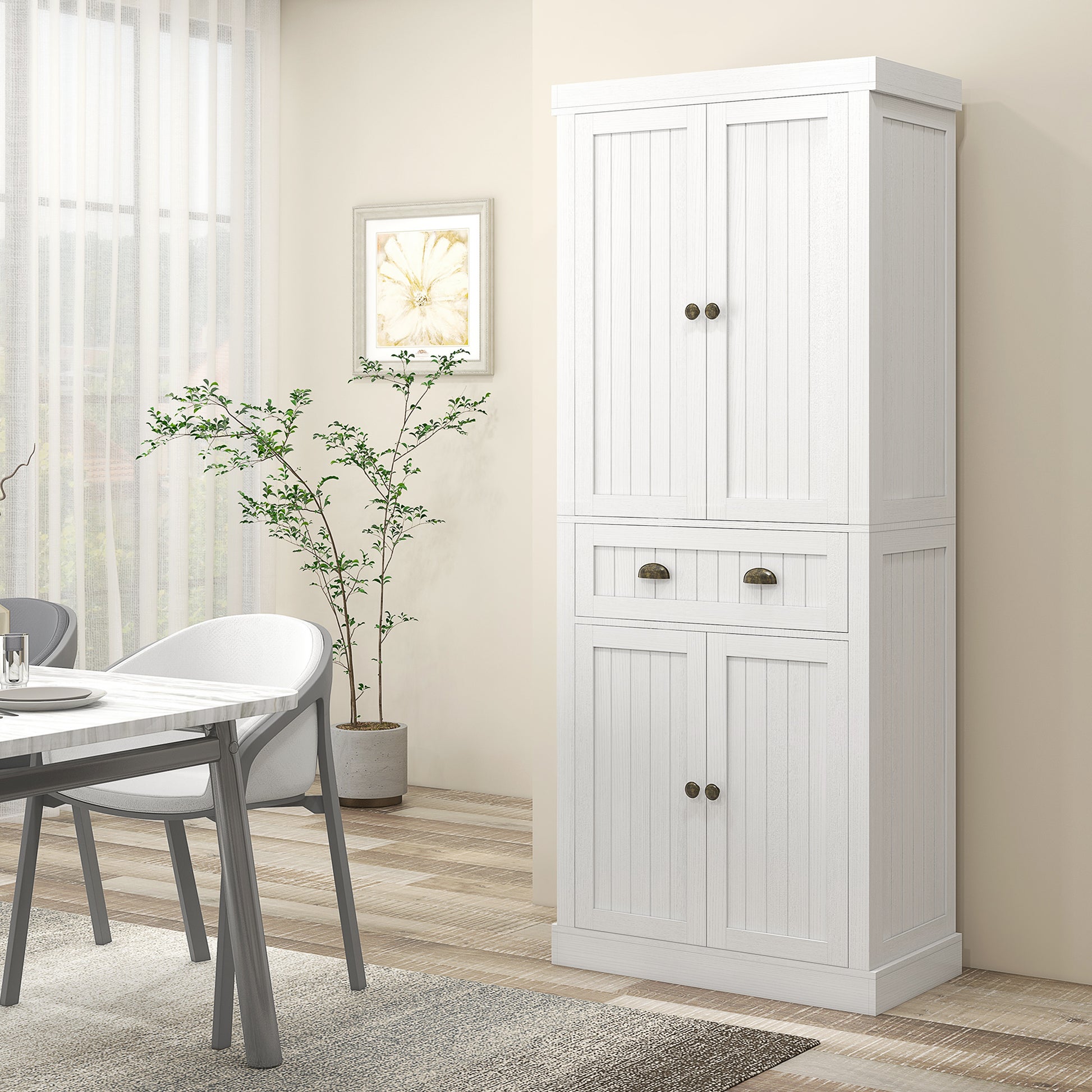 Homcom 72" Farmhouse Kitchen Pantry Cabinet, Freestanding Tall Storage Cabinet With 4 Soft Close Doors, 2 Adjustable Shelves And Drawer For Dining Room, Distressed White White Mdf