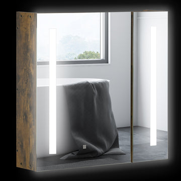 Kleankin Lighted Medicine Cabinet With Mirror, 27.5" X 25.5" Wall Mounted Dimmable Bathroom Mirror Cabinet With 3 Tier Storage Shelves, Led Lights, Smart Touch And Usb Charge, Dark Wood Grain Rustic Brown Mdf