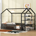 Twin Size Metal House Bed With Fence And Detachable Storage Shelves, Black Twin Black Metal