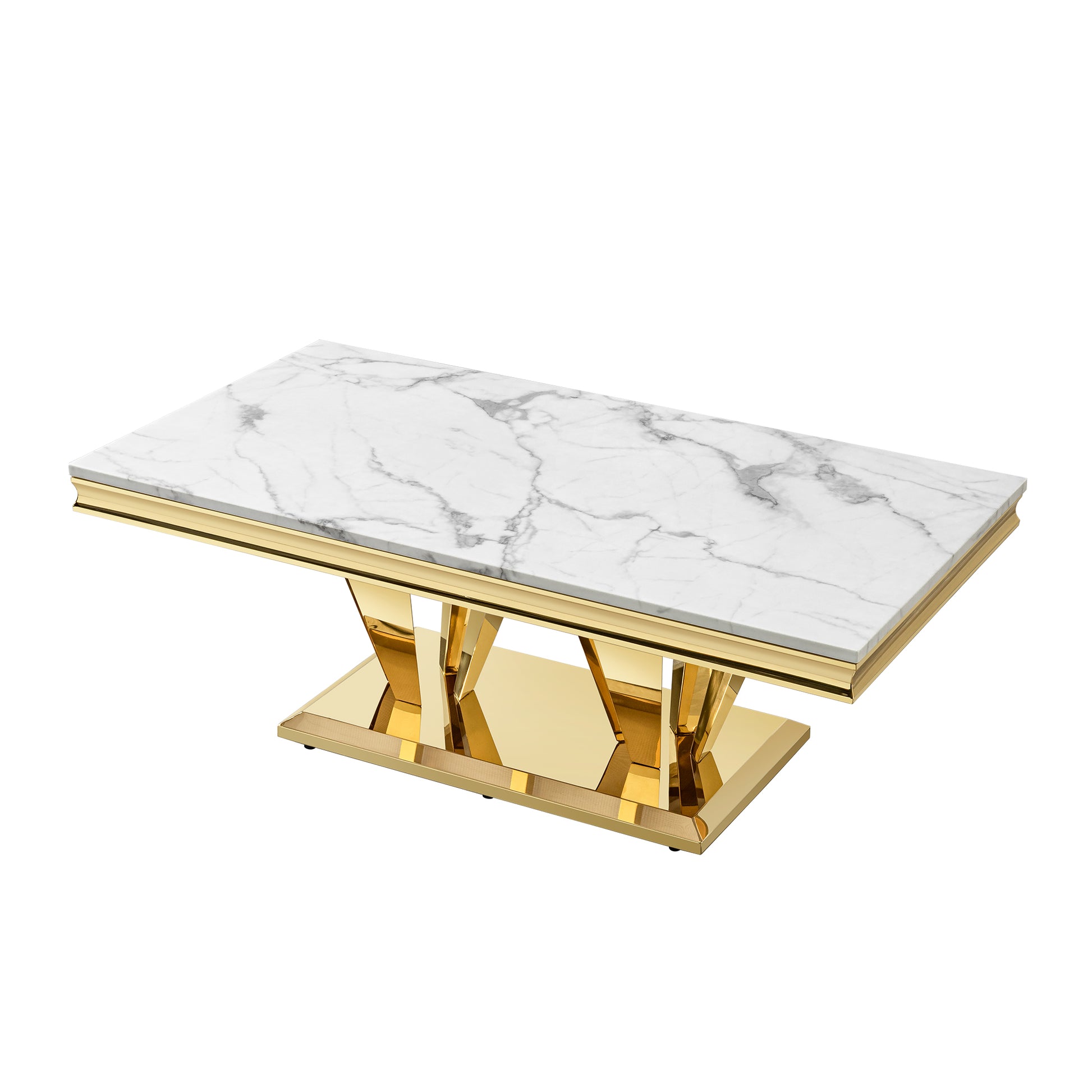 51.18" Modern Rectangular 0.78" Thick Mdf Marble Pattern Top, Coffee Table Stainless Steel Base With Gold Mirror Finish Gold Primary Living Space Modern Coffee & End Tables Rectangular Stainless Steel