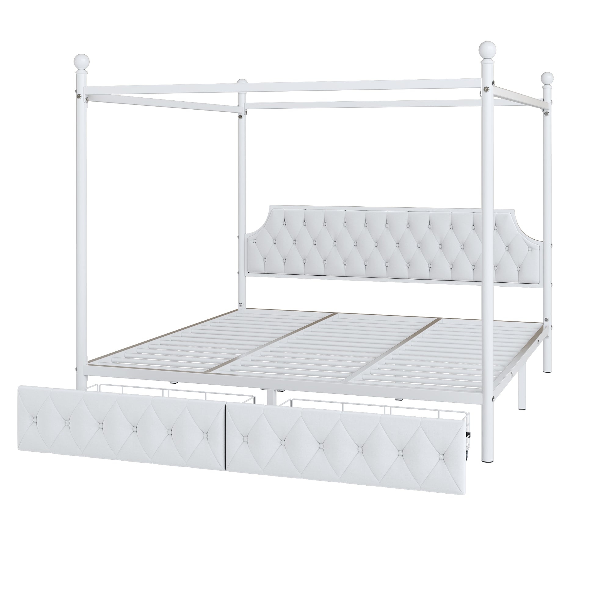 King Size Metal Canopy Platform Bed With Upholstered Headboard And Two Storage Drawers, White King White Metal