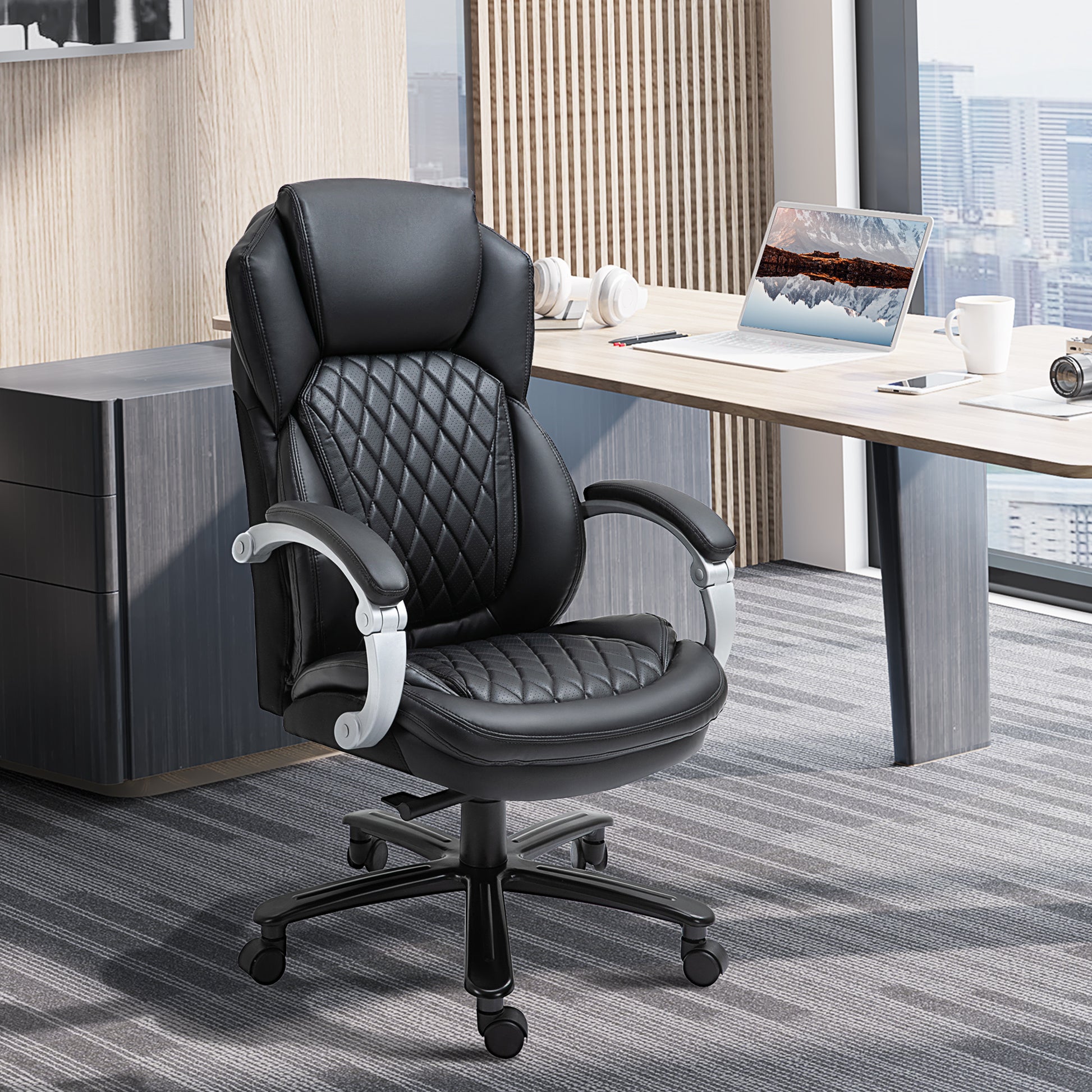 Vinsetto Big And Tall Executive Office Chair With Wide Seat, Computer Desk Chair With High Back Diamond Stitching, Adjustable Height & Swivel Wheels, Black Black Pu Leather