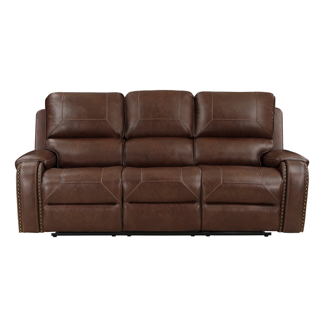 Double Reclining Brown Sofa With Center Drop Down Cup Holders, Receptacles And Usb Ports,Faux Leather Upholstered Traditional Trim 1Pc Modern Living Room Furniture Brown Faux Leather Wood Primary Living Space Modern Plywood,Solid Wood 3 Seat