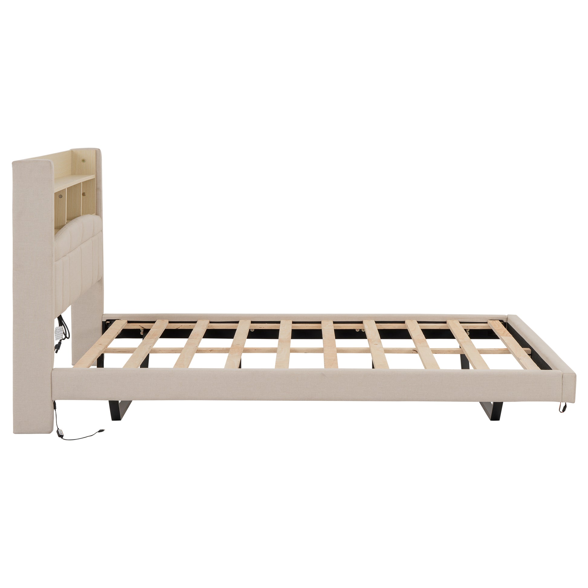 Queen Size Upholstered Floating Bed With Led And Storage Headboard, Beige Box Spring Not Required Queen Beige Wood Bed Frame Linen Upholstered