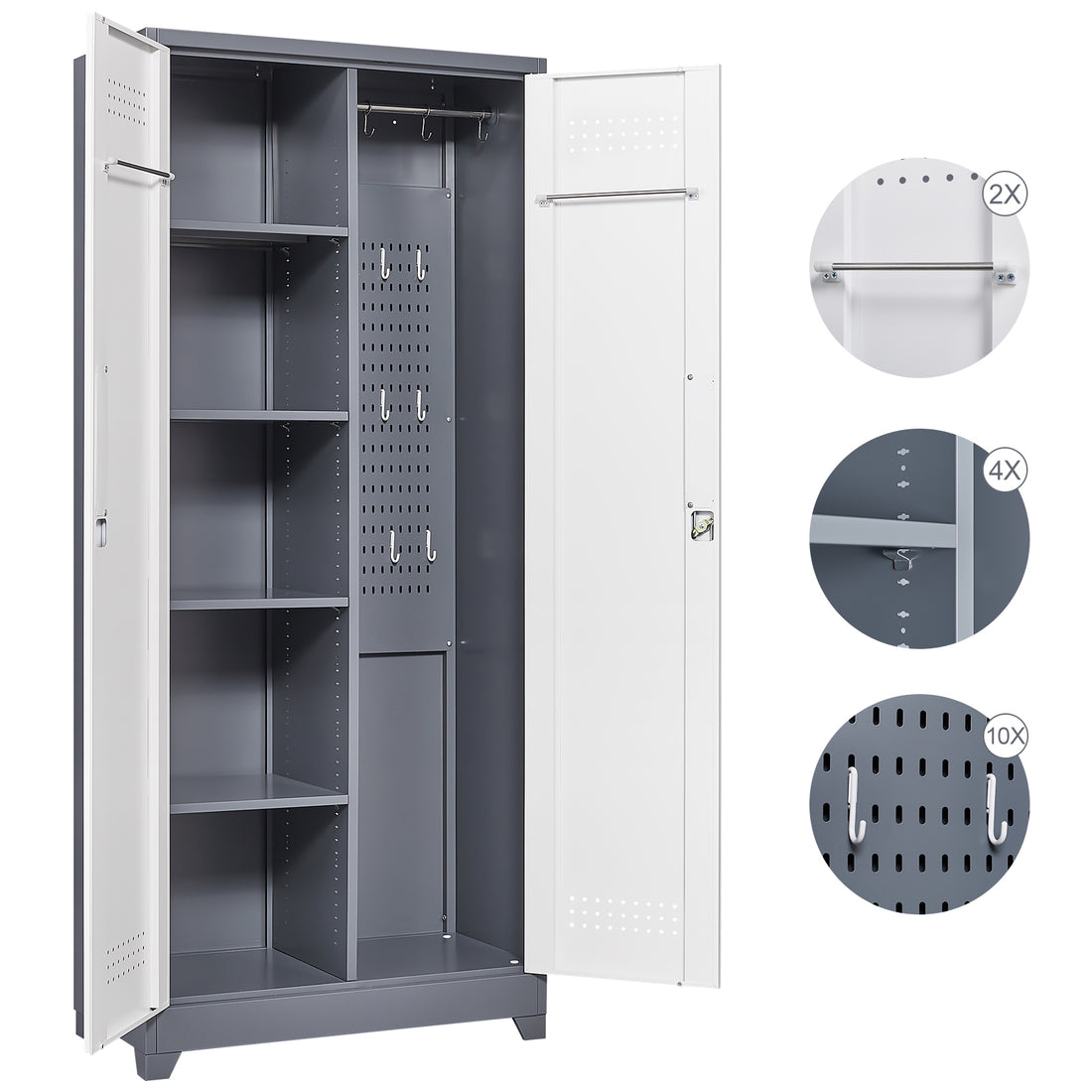 Metal Storage Cabinets, Cleaning Tool Cabinet With Locking Door, Tall Broom Tool Organizer And Storage, Large Storage Cabinet For Kitchen, Pantry, Office, Shop 3 4 Shelves Grey White Door Locks Modern Metal