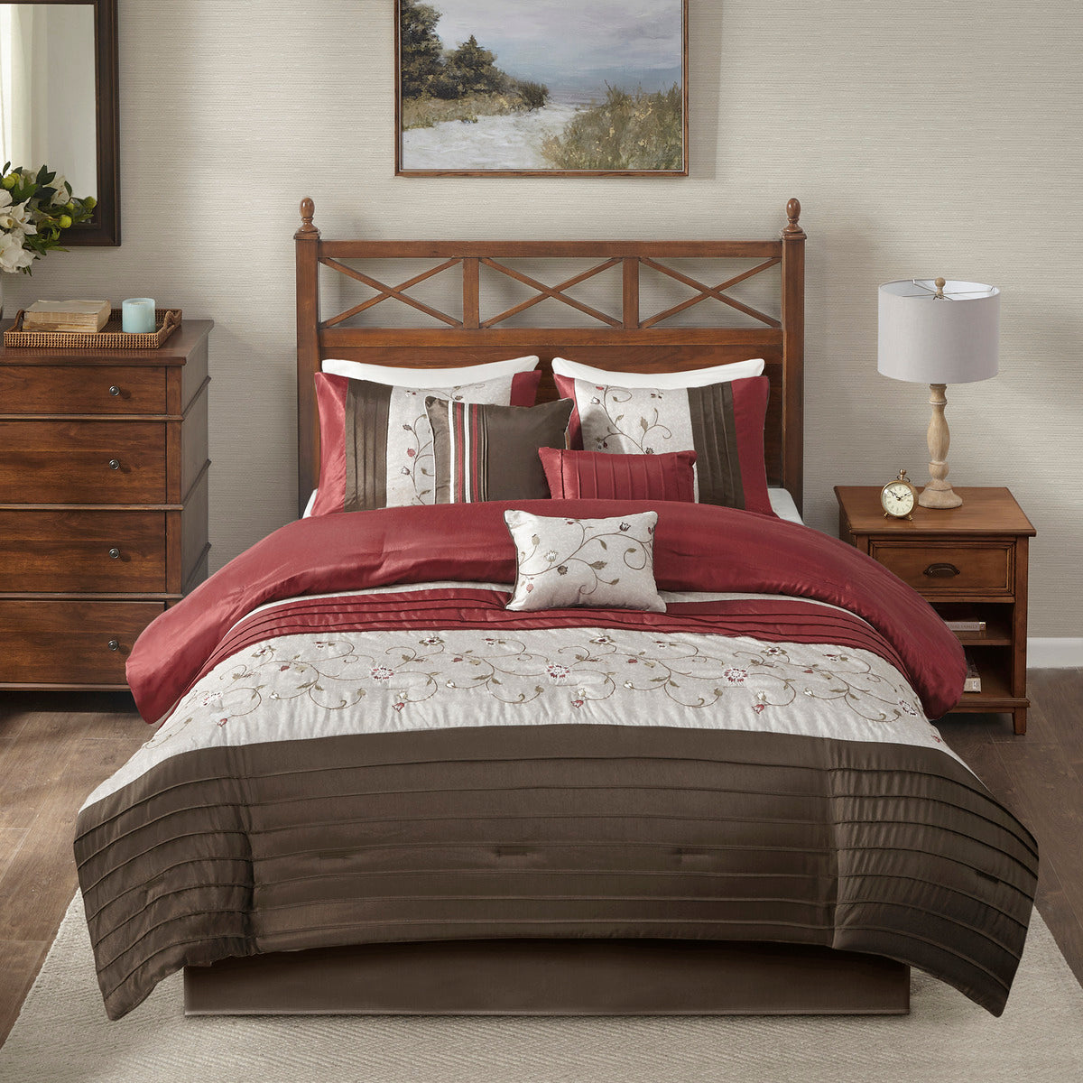 Embroidered 7 Piece Comforter Set Red Queen Queen Red Polyester