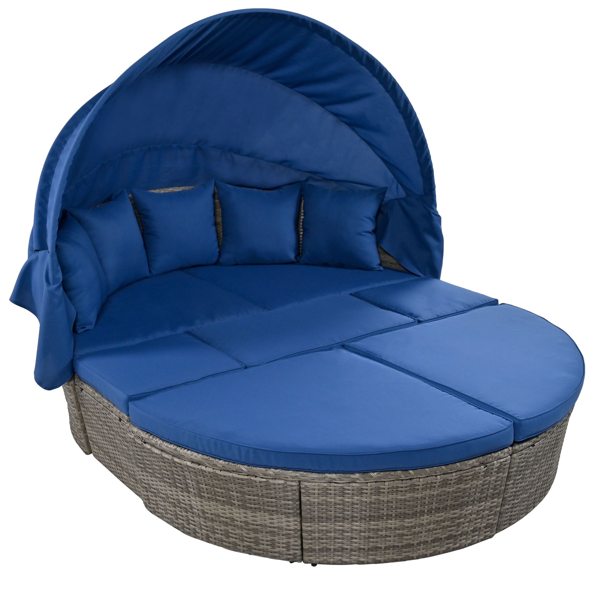 Outdoor Rattan Daybed Sunbed With Retractable Canopy Wicker Furniture, Round Outdoor Sectional Sofa Set, Gray Wicker Furniture Clamshell Seating With Washable Cushions, Backyard, Porch, Blue Yes Blue Seats 8 Garden & Outdoor Foam Wicker