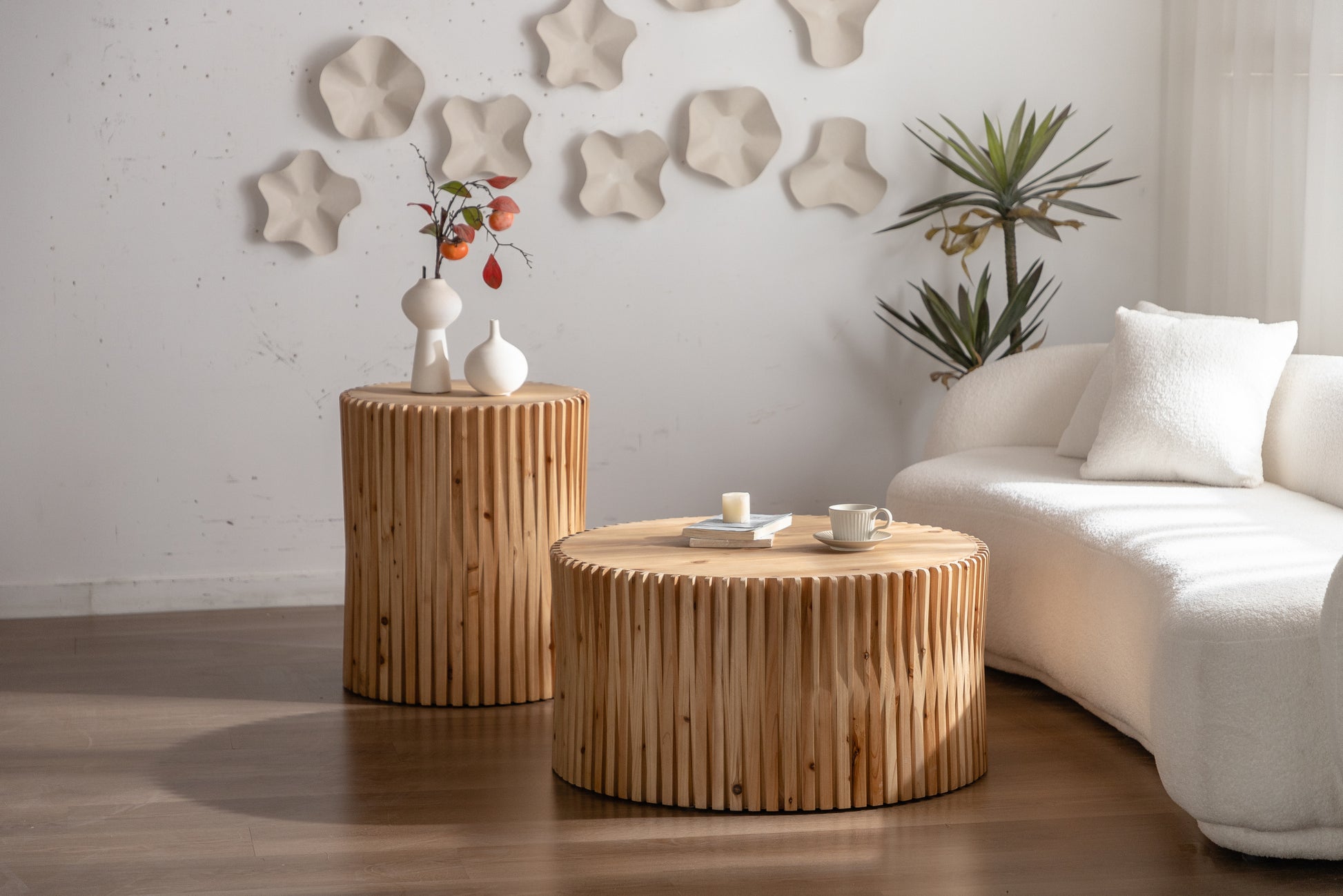 Retro Fashion Style Cylindrical Coffee Table With Vertical Texture Relief Design,Suitable For Living Room,Office,And Dining Room Set Of 2 Natural Mdf