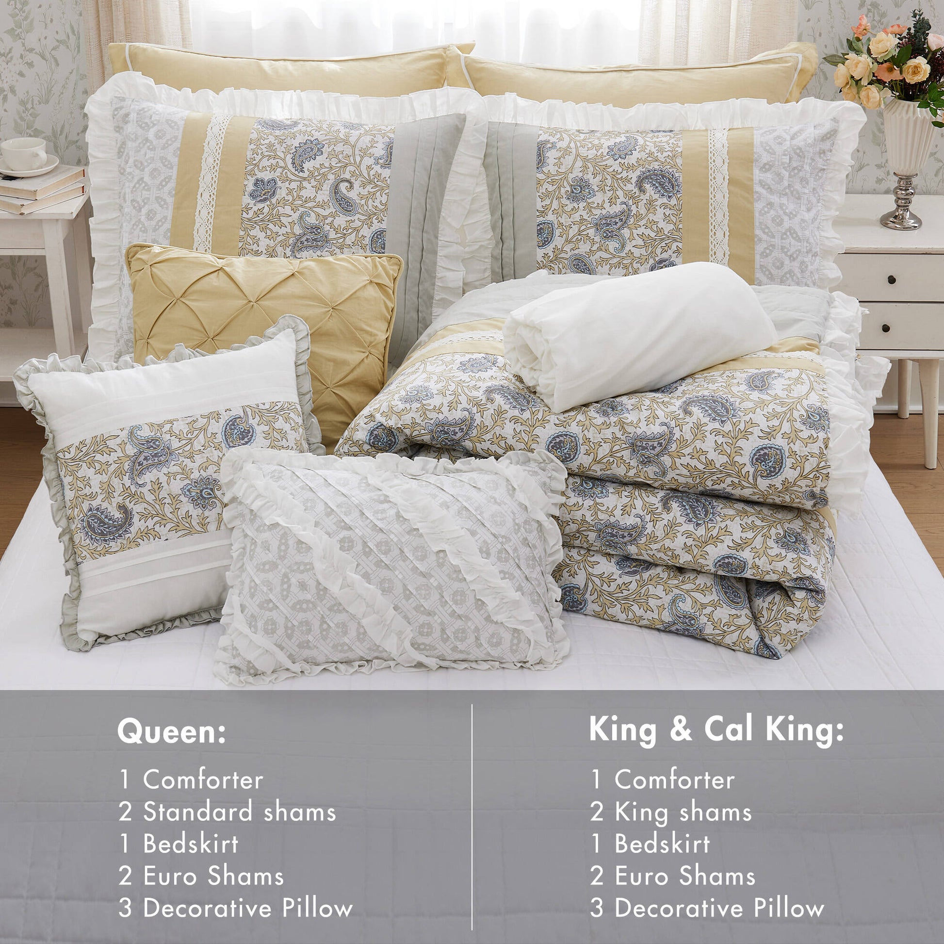 9 Piece Cotton Percale Comforter Set Yellow King King Yellow Polyester