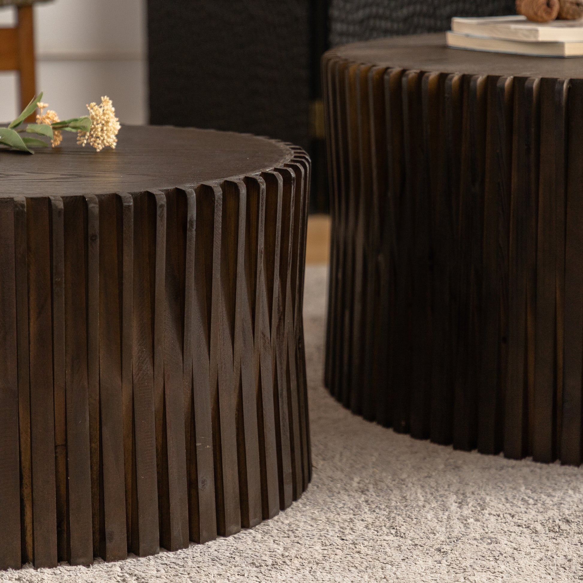 Vintage Fashion Style Cylindrical Nesting Coffee Table Set With Vertical Textured Embossed Design For Living Room, Office And Dining Room, Dark Brown Set Of 2 Dark Brown Mdf