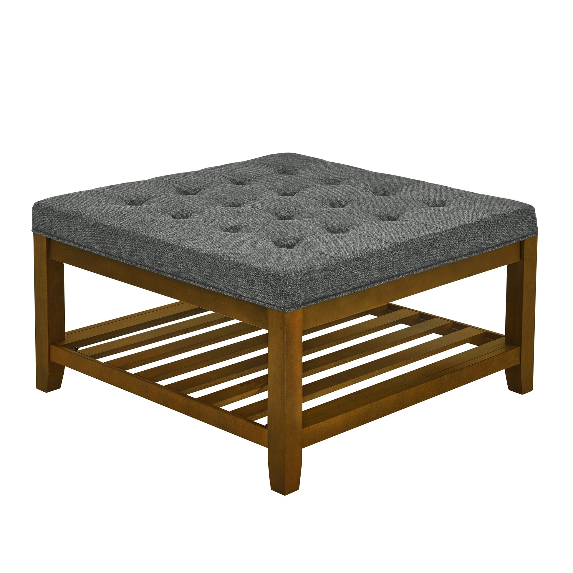 Upholstered Coffee Table Tufted Linen Large Square Ottoman With Beech Wood Shelf And Frame, Oversized Footrest Ottoman For Living Room, Dark Gray Light Brown Wood Primary Living Space Grey Medium Duty Beech Wood Dark Gray Linen Or Linen Blend Backless