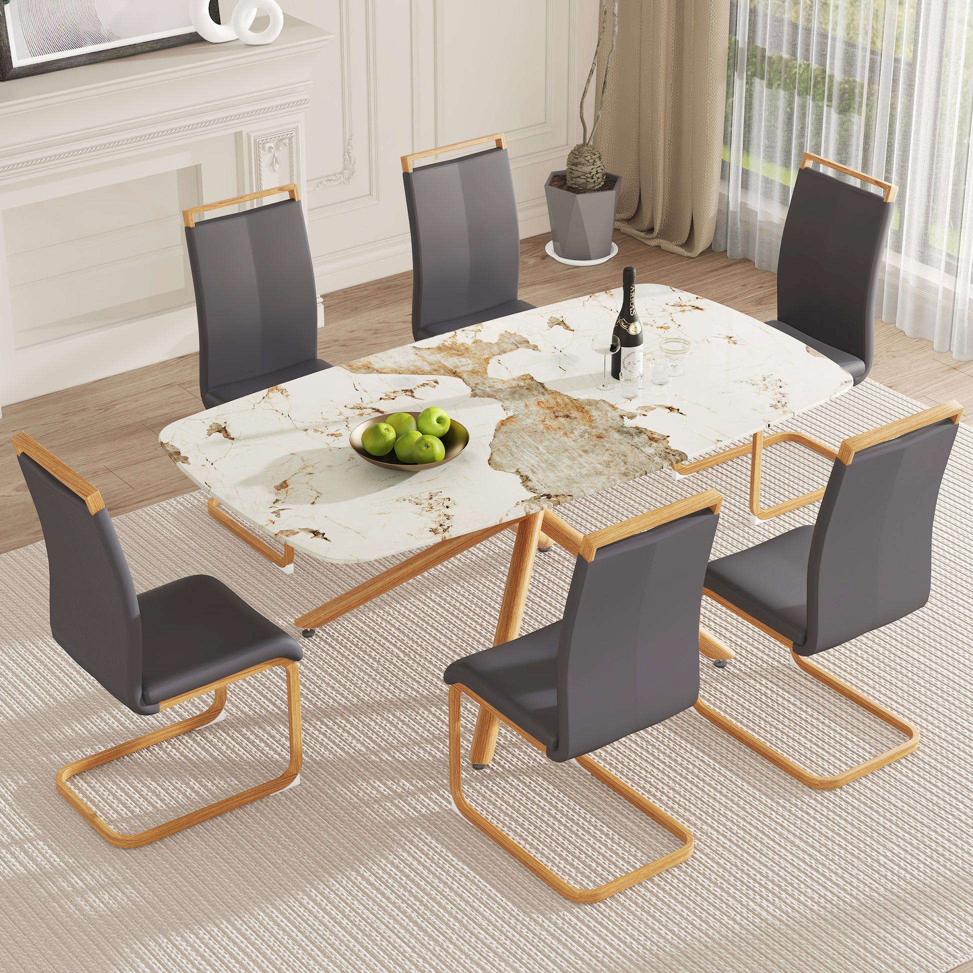 Table And Chair Set, Large Modern Minimalist Rectangular Dining Table, 0.39 Inch Imitation Marble Countertop, Wood Metal Table Legs, Comfortable And Soft Seats. Wood Glass Metal