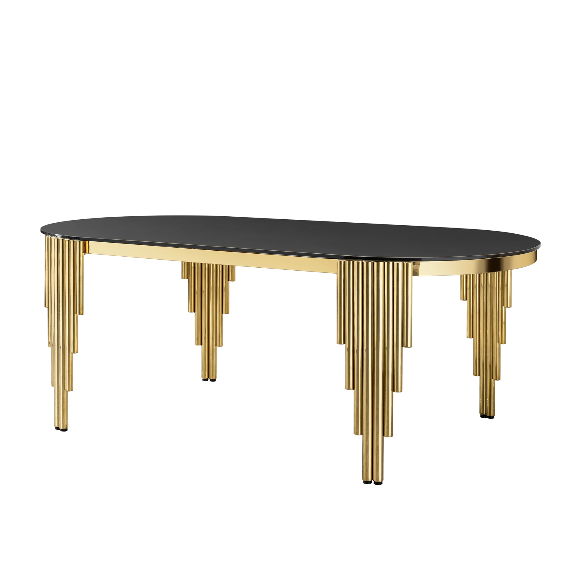 79.53" Black Glass Top Oval Dining Table With Gold Stainless Steel Base For 8 Seats Gold Black Seats 8 Dining Room Contemporary Oval Kitchen & Dining Tables Oval Stainless Steel