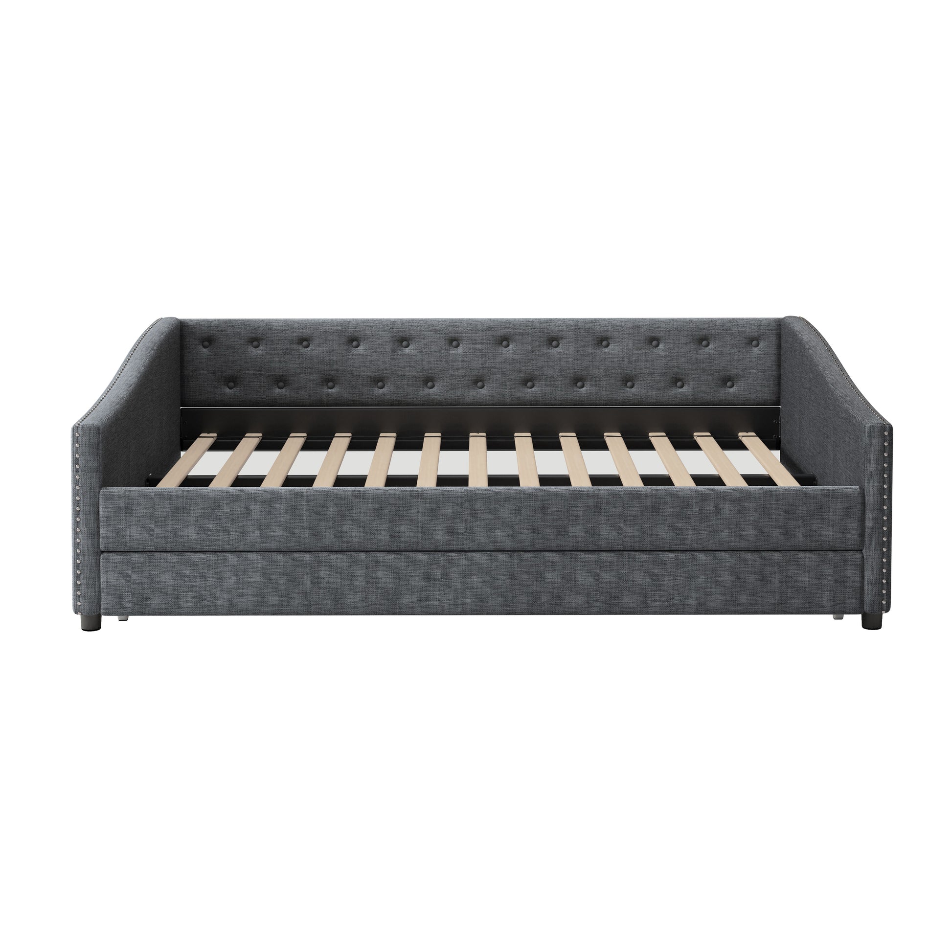 Full Size Daybed With Twin Size Trundle Upholstered Tufted Sofa Bed, With Button On Back And Copper Nail On Waved Shape Arms Dark Grey Full Dark Grey Wood Fabric