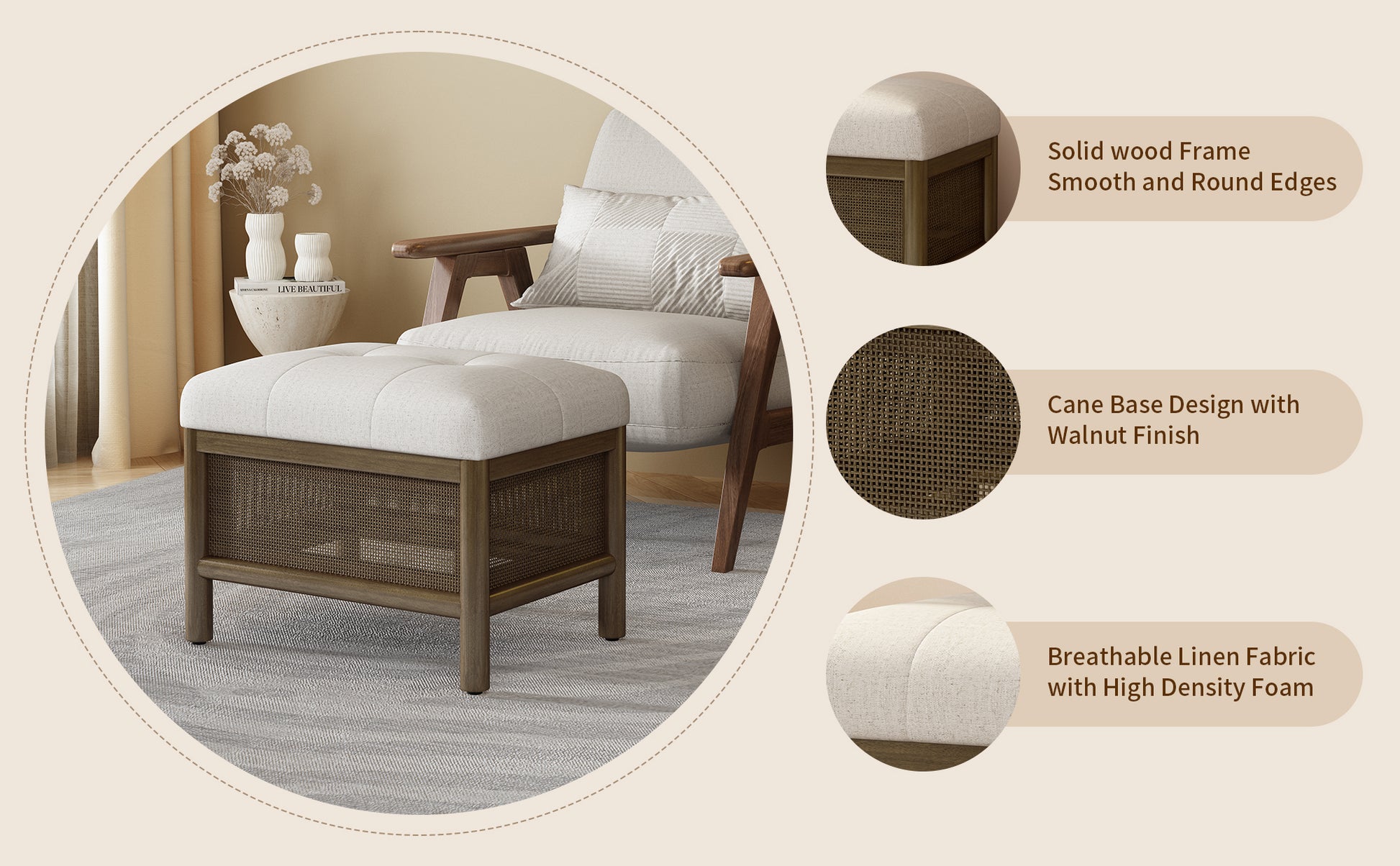 Cane Base Ottoman Dark Walnut Cream 21.5"*16"*17" White Deep Walnut Wood Soft American Traditional Hickory Wood Rectangle Wood Fabric