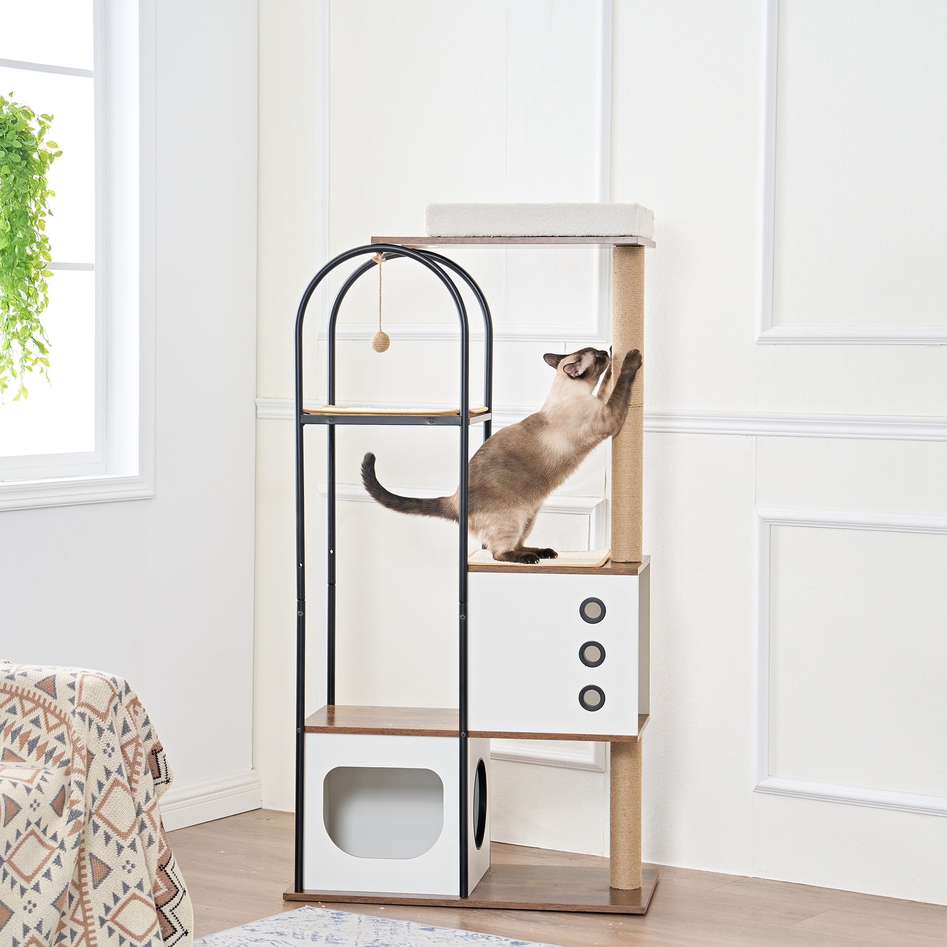 Cat Climbing Frame,Cat Tree,Modern Cat Tower, Multi Level Cat Condo With 1 Caves,2 Scratching Posts,Perch,For Indoor Cats White Vintage Modern,Vintage Particle Board