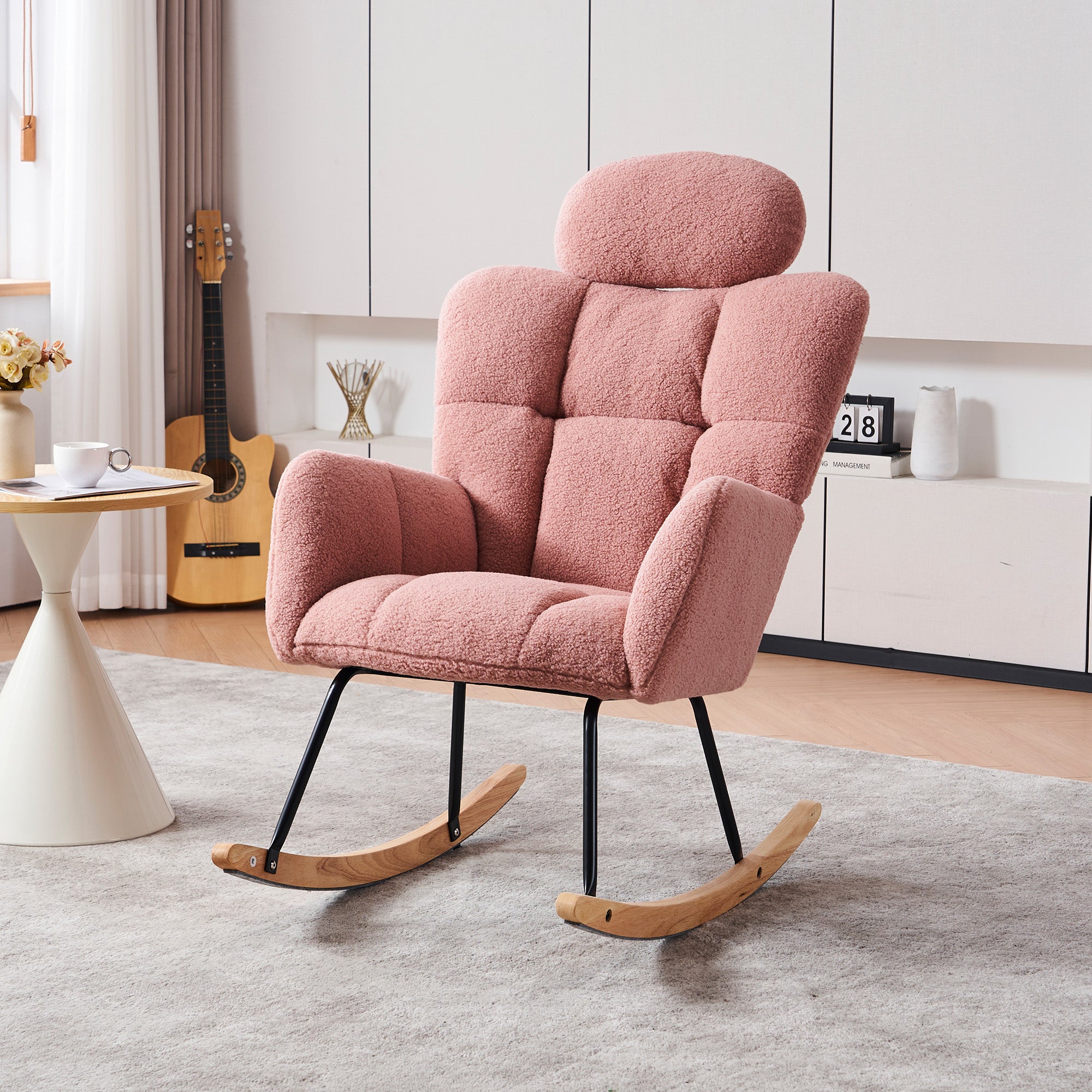 055 Teddy Fabric Upholstered Nursery Rocking Glider Chair Mid Century Modern Accent Arm Chair Padded Seat With High Backrest And Pillows For Living Room Bedroom Offices Pink Teddy Headrest Solid