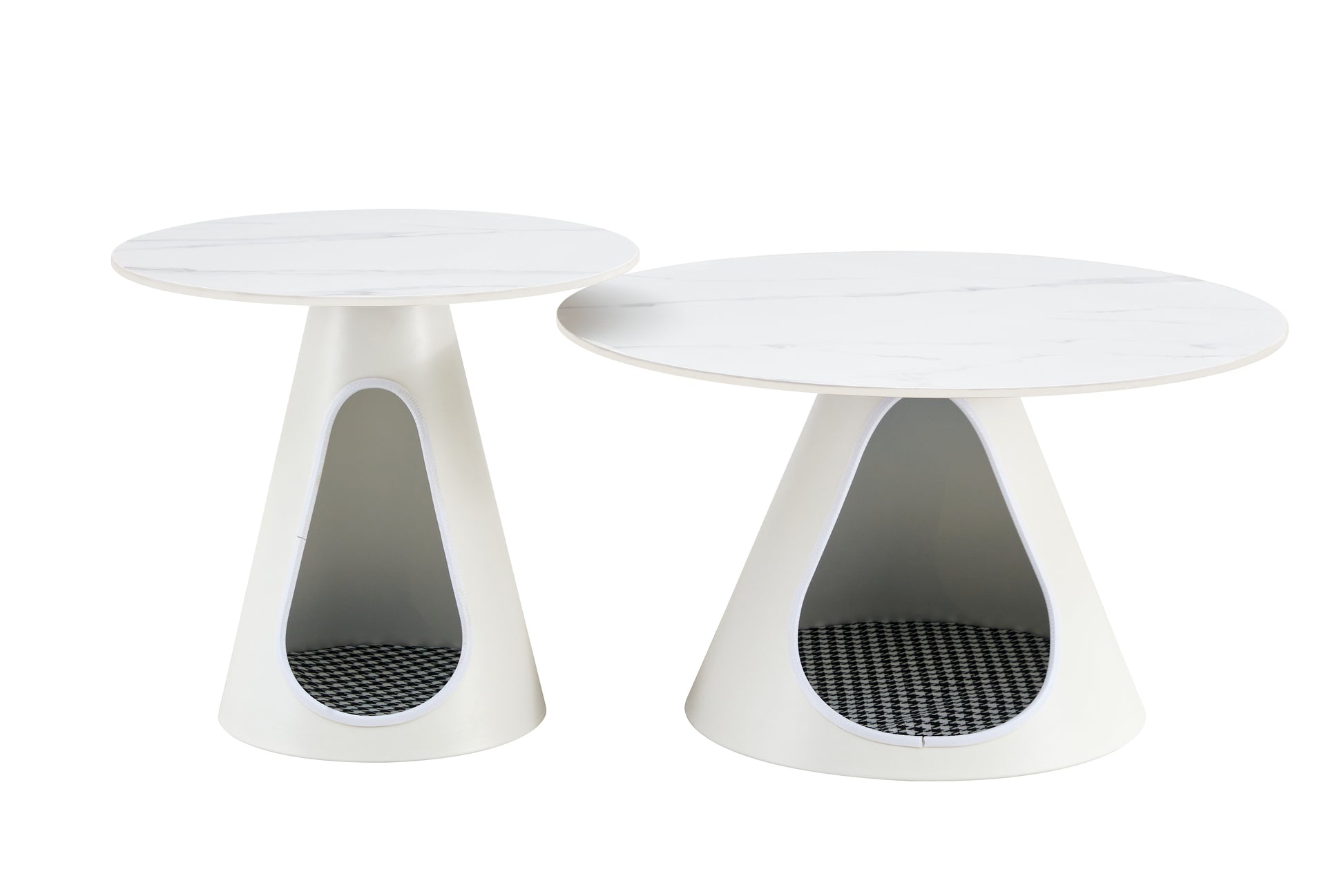 Set Of 2 Coffee Round Tables With A Marble Look Top And Steel Base With 2 Cat Beds Multifunctional And Stylish Entable White Primary Living Space Freestanding Round Coffee & End Tables Round Metal