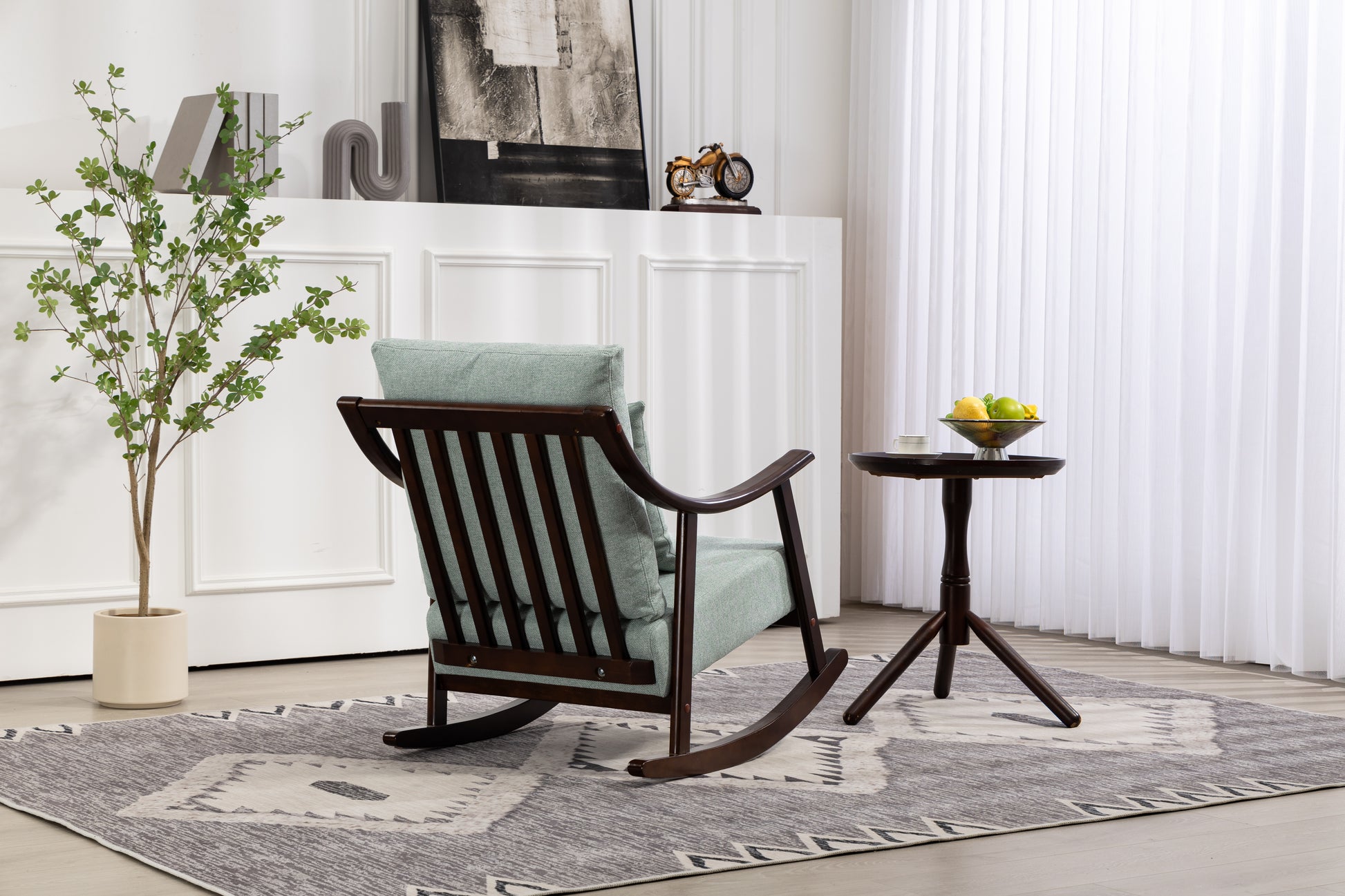 Woven Fabric Mid Century Modern Accent Chairs Comfy Upholstered Glider Arm Chair With Solid Wood For Living Room Bedroom Balcony Light Green Linen