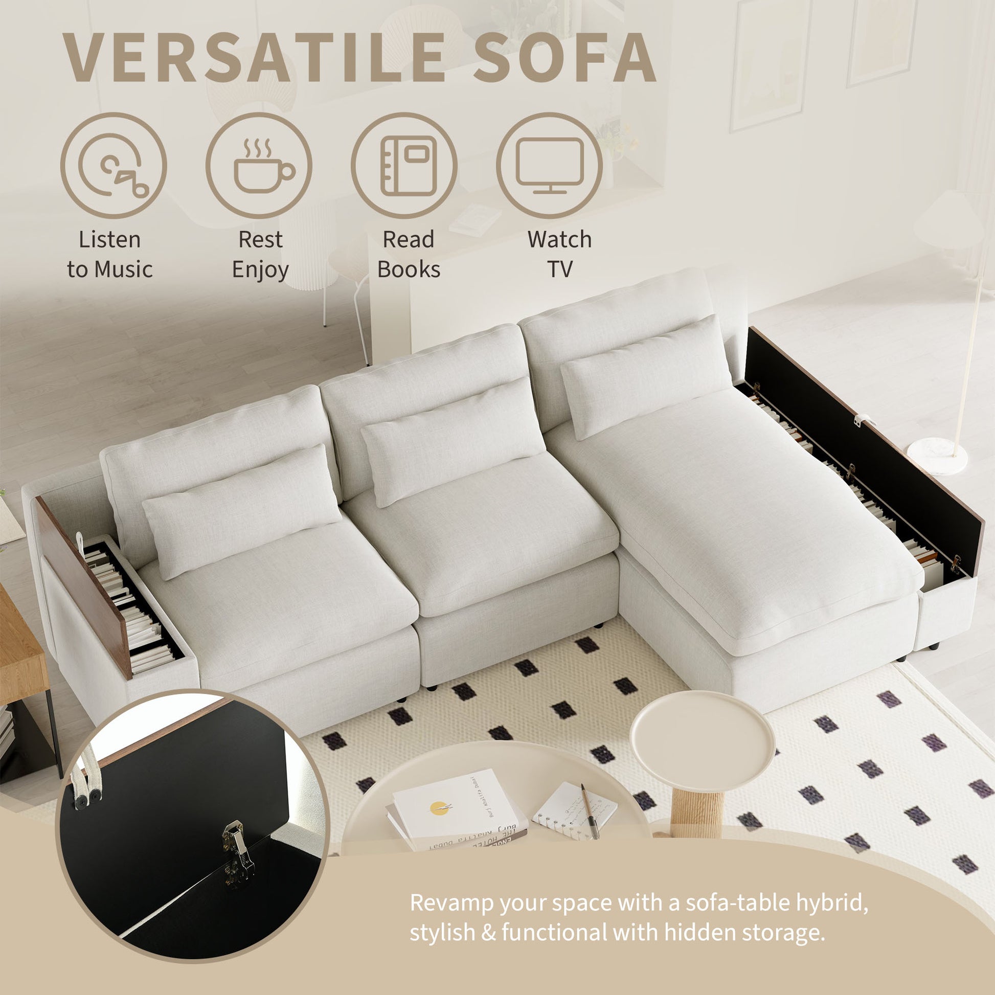 L Shaped Modular Sectional Sofa With Removable Back Cushions,3 Pillows And 2 Storage Spaces,Suitable For Living Rooms,Offices And Apartments Beige Polyester 3 Seat