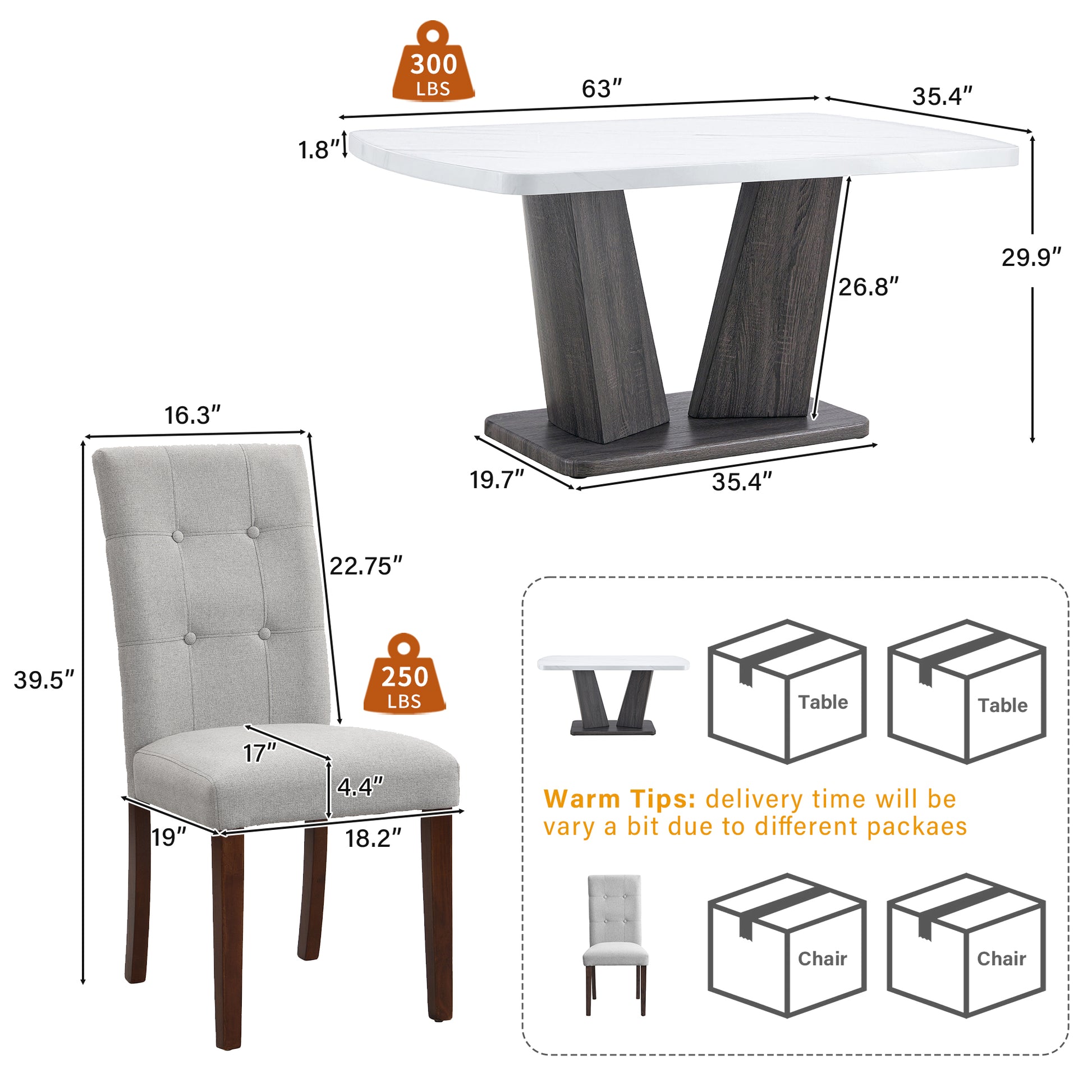 Dining Table Set For 6, 7 Piece Kitchen Table Chairs Set, 1.8" Thickness Tabletop And V Shaped Table Legs, Modern Dining Room Set With 63 Inch Dinner Table And 6 Upholstered Chairs For Dining Room Wood Grey White Dining Room Classic,Mid Century