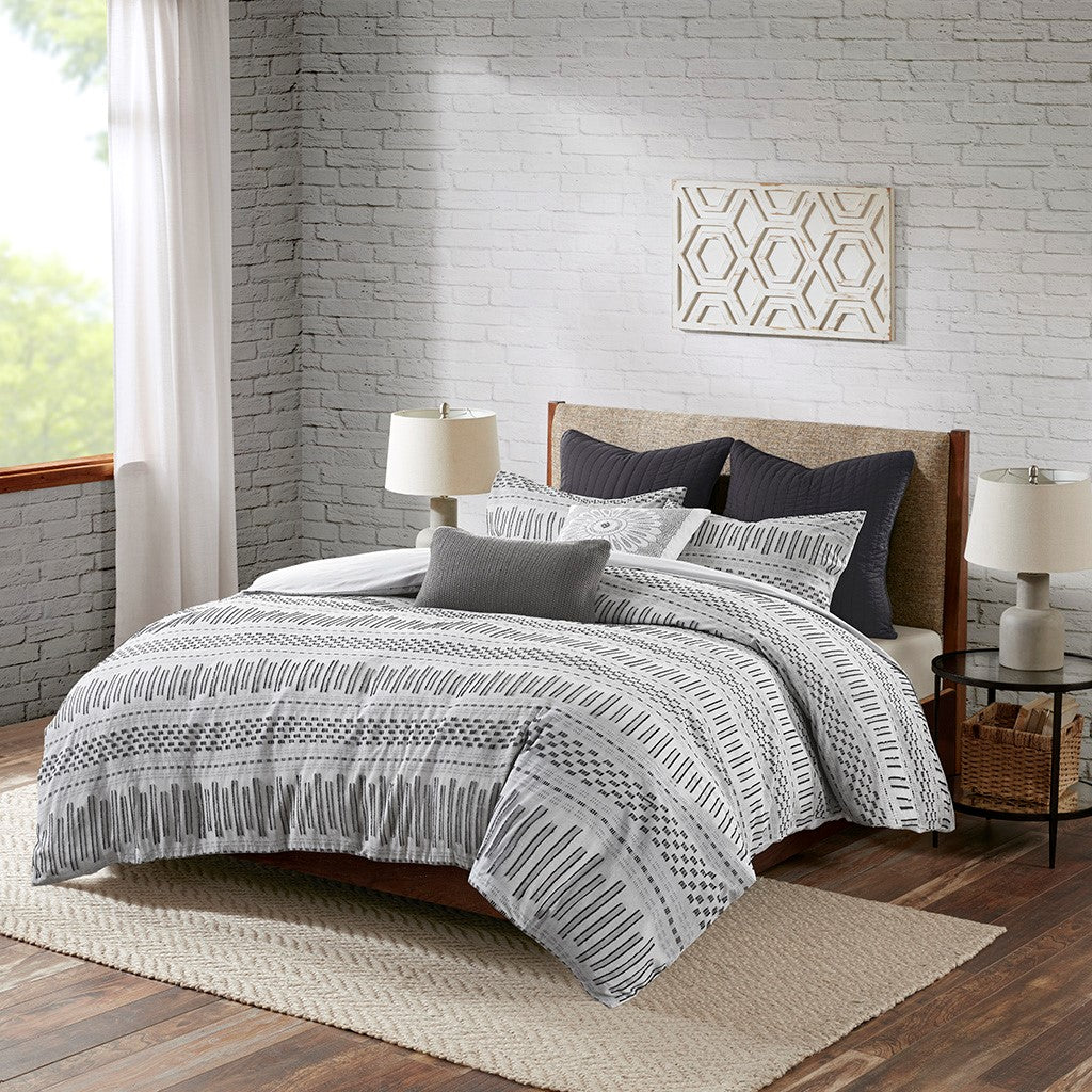 Cotton Jacquard Comforter Mini Set Grey Black Full Queen Queen Grey Black Cotton