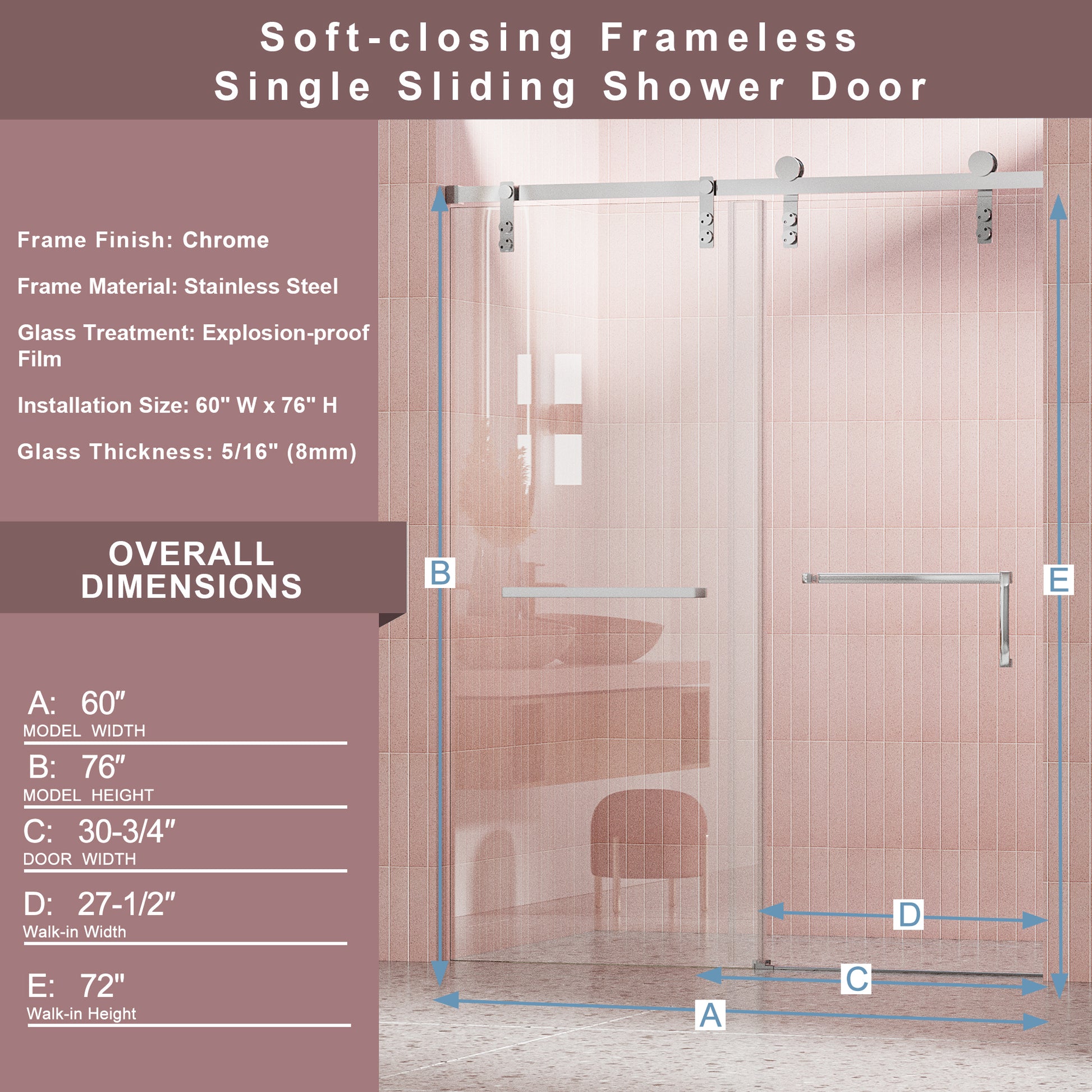 60" W X 76" H Frameless Soft Closing Shower Door, Single Sliding Shower Door, 5 16" 8Mm Clear Tempered Glass Shower Door Explosion Proof Film, Stainless Steel Hardware, Chrome 24D211 60C Combo 1 Chrome Bathroom Tempered Glass