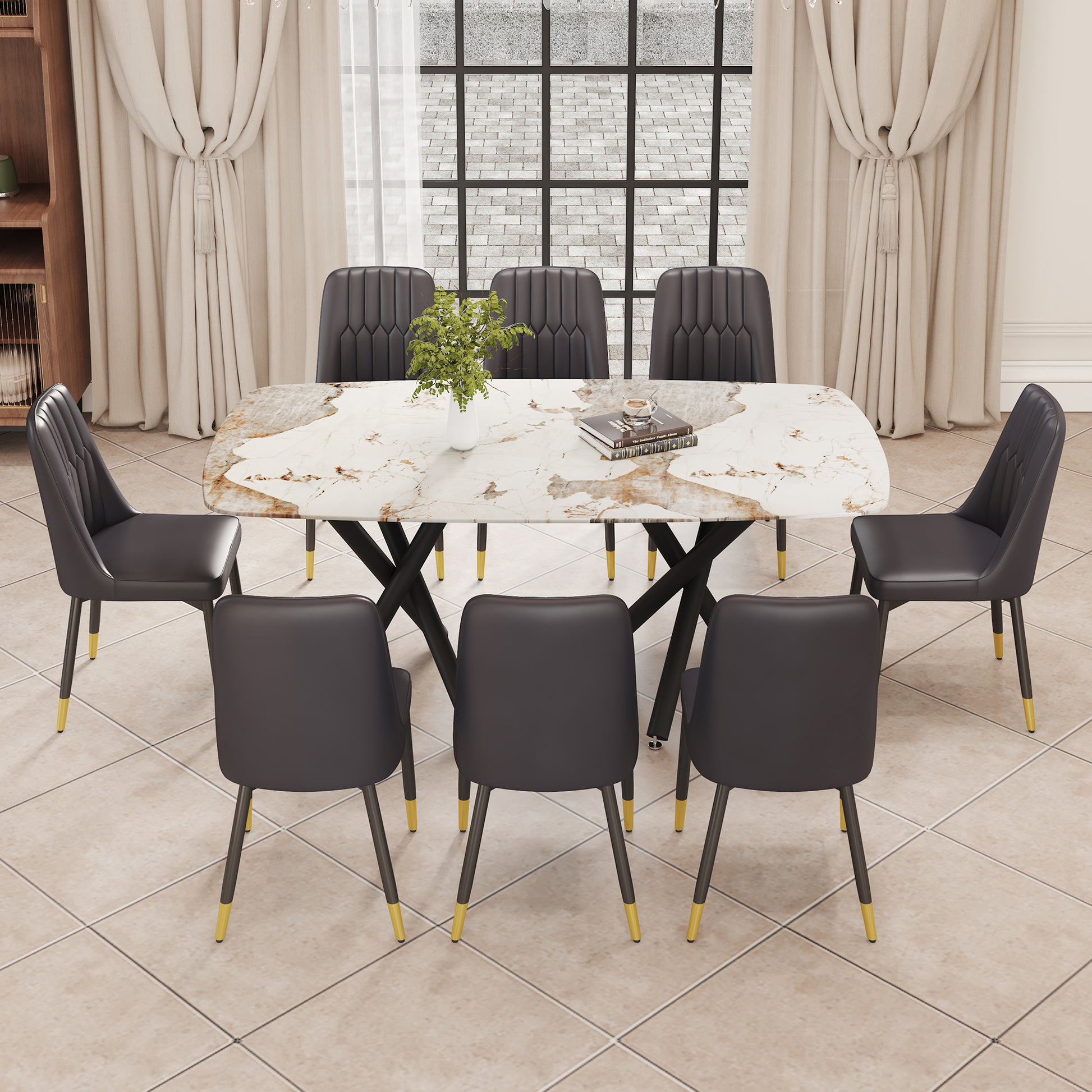 1 Table And 8 Chairs Set.A Rectangular Dining Table With A 0.39 Inch Imitation Marble Tabletop And Black Metal Legs.Paired With 8 Chairs With Pu Leather Seat Cushion And Black Metal Legs.F 1538,C 007 Black Glass Metal