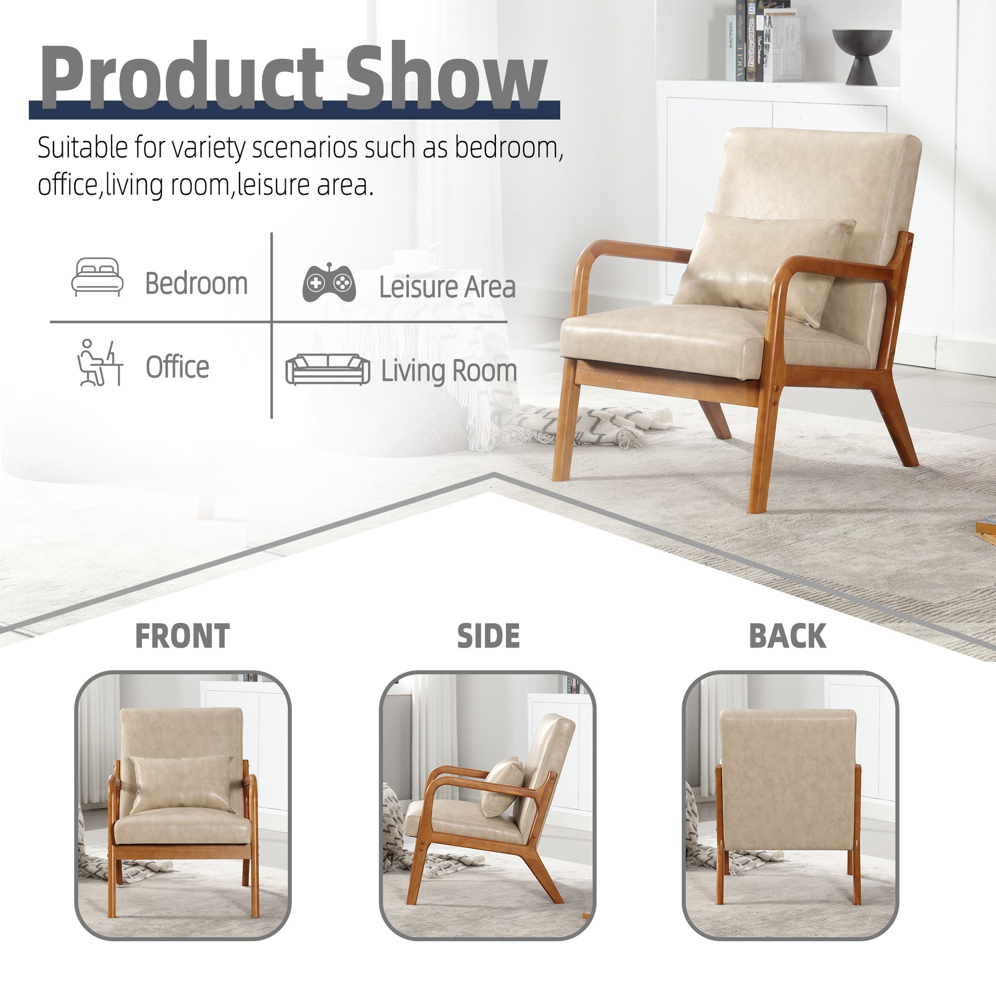 Coolmore Modern Accent Chair, Solid Wood Padding Lounge Armchairs With One Pillow For Living Room, Bedroom, Guest Room Khaki Pu Khaki Brown Primary Living Space Modern Rubberwood Foam Pu Leather