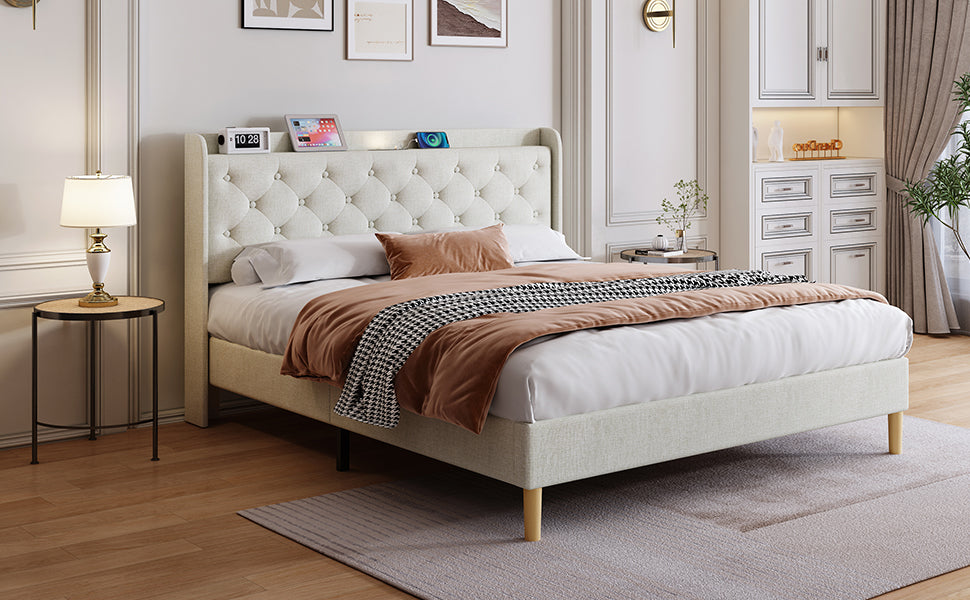 Queen Size Bed, Mesh Backboard Beautiful, With Led Lights, Cotton And Linen Fabric, Frame Stability, Easy To Assemble,Light Gray Queen Light Gray Mdf Acacia