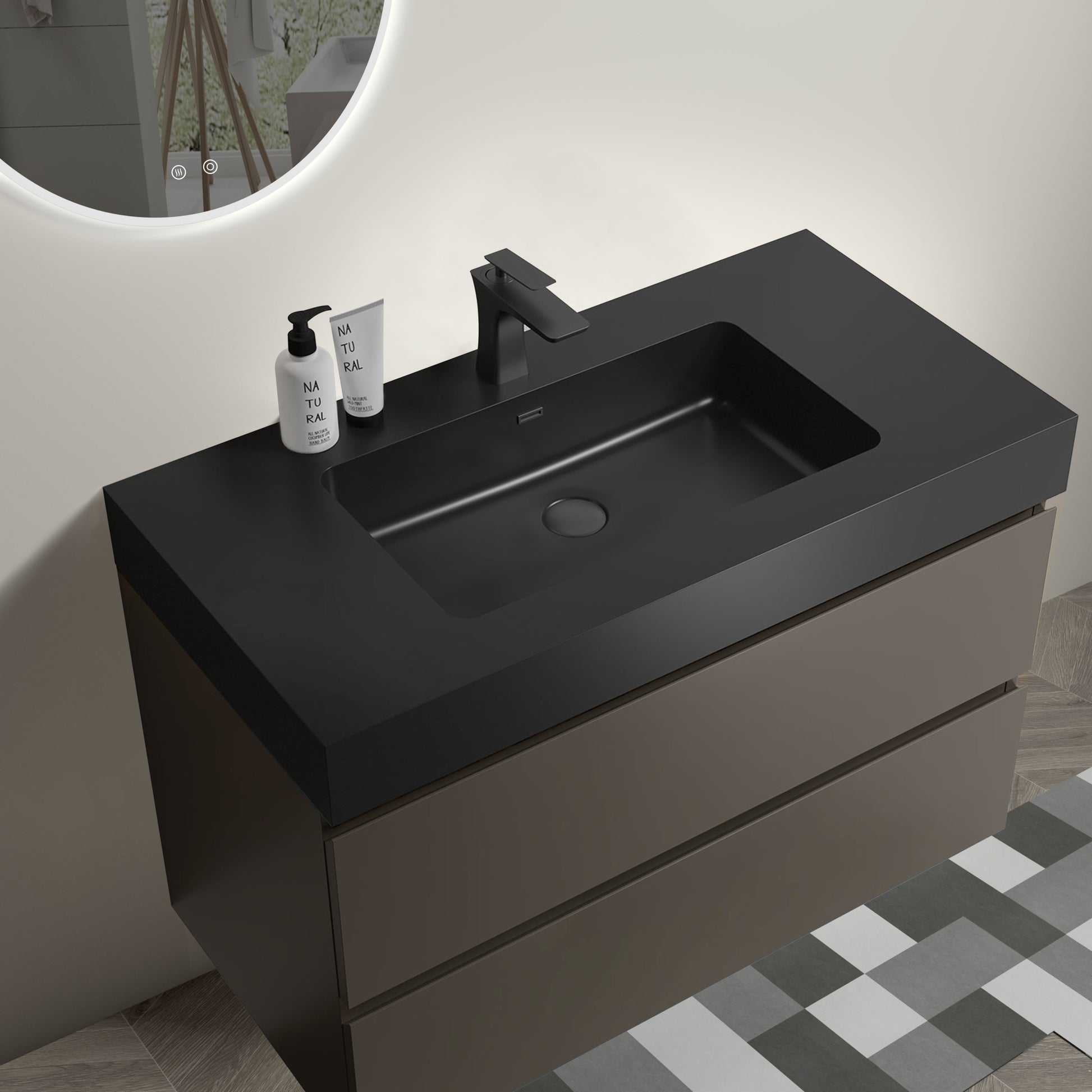 Alice 36" Gray Bathroom Vanity With Sink, Large Storage Wall Mounted Floating Bathroom Vanity For Modern Bathroom, One Piece Black Sink Basin Without Drain And Faucet, Pre Assembled Black Gray Melamine