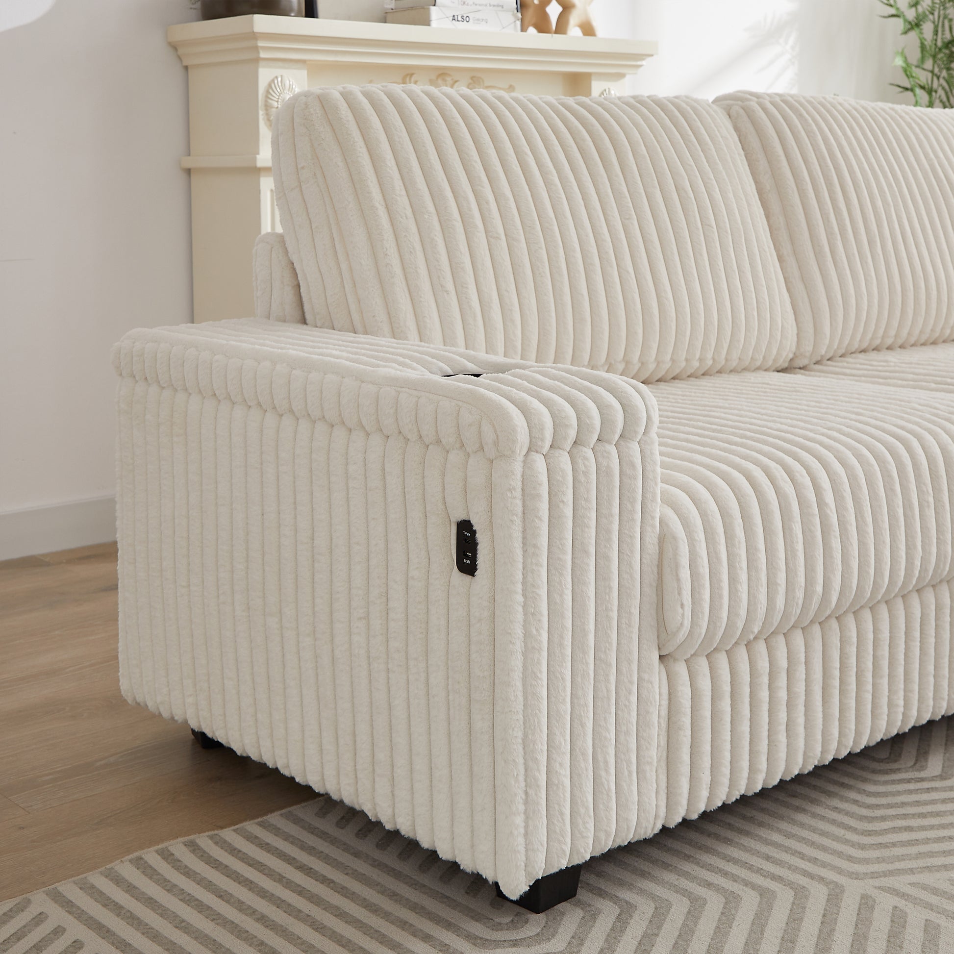 110 Inch Oversized Corduroy Corner Sofa,L Shaped Corner Couch With Two Storage Spaces,Usb Port & T Pyce Port And Cup Holderdeep Seat Comfy Upholstered Couches For Living Room Not Freely Combinable Beige Corduroy 5 Seat