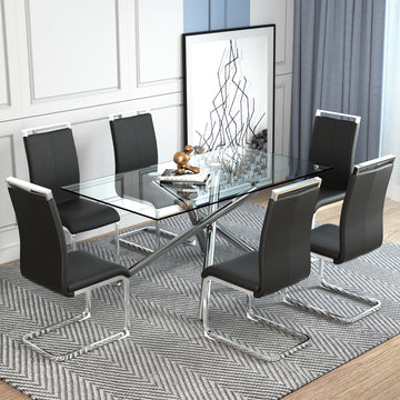 Table And Chair Set.Modern Luxurious Transparent Tempered Glass Dining Table Set.Paried With 6 Black Chairs With Pu Cushion And Silver C Tube Metal Legs. Black,Transparent Seats 6 Glass Metal