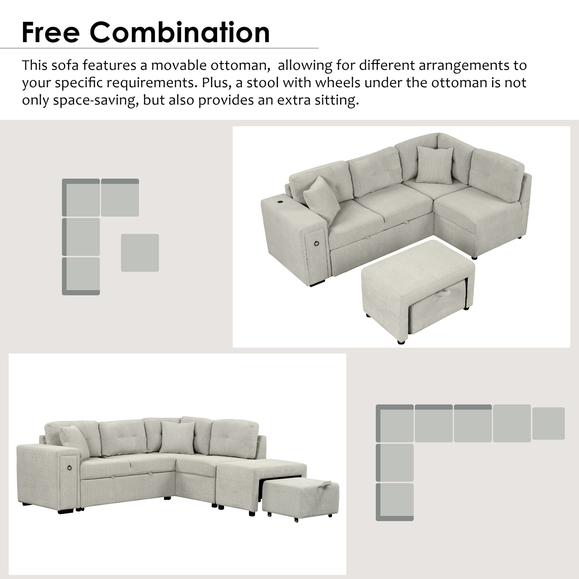 86.6" Sectional Sofa L Shaped Sofa Couch Pull Out Sofa Bed With A Movable Ottoman, Two Usb Ports And Two Cup Holders For Living Room, Gray Grey Foam Chenille 4 Seat