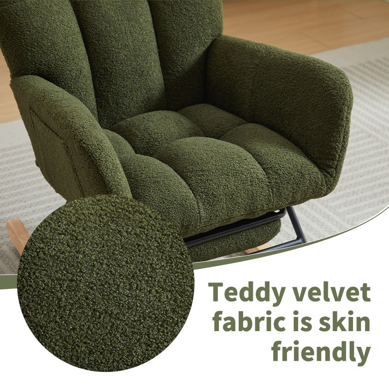 Modern Nursery Rocking Chair, Upholstered Glider Chair With High Backrest, Rocker Accent Armchair With Solid Wood Legs For Nursery Bedroom Living Room Drak Green Dark Green Teddy