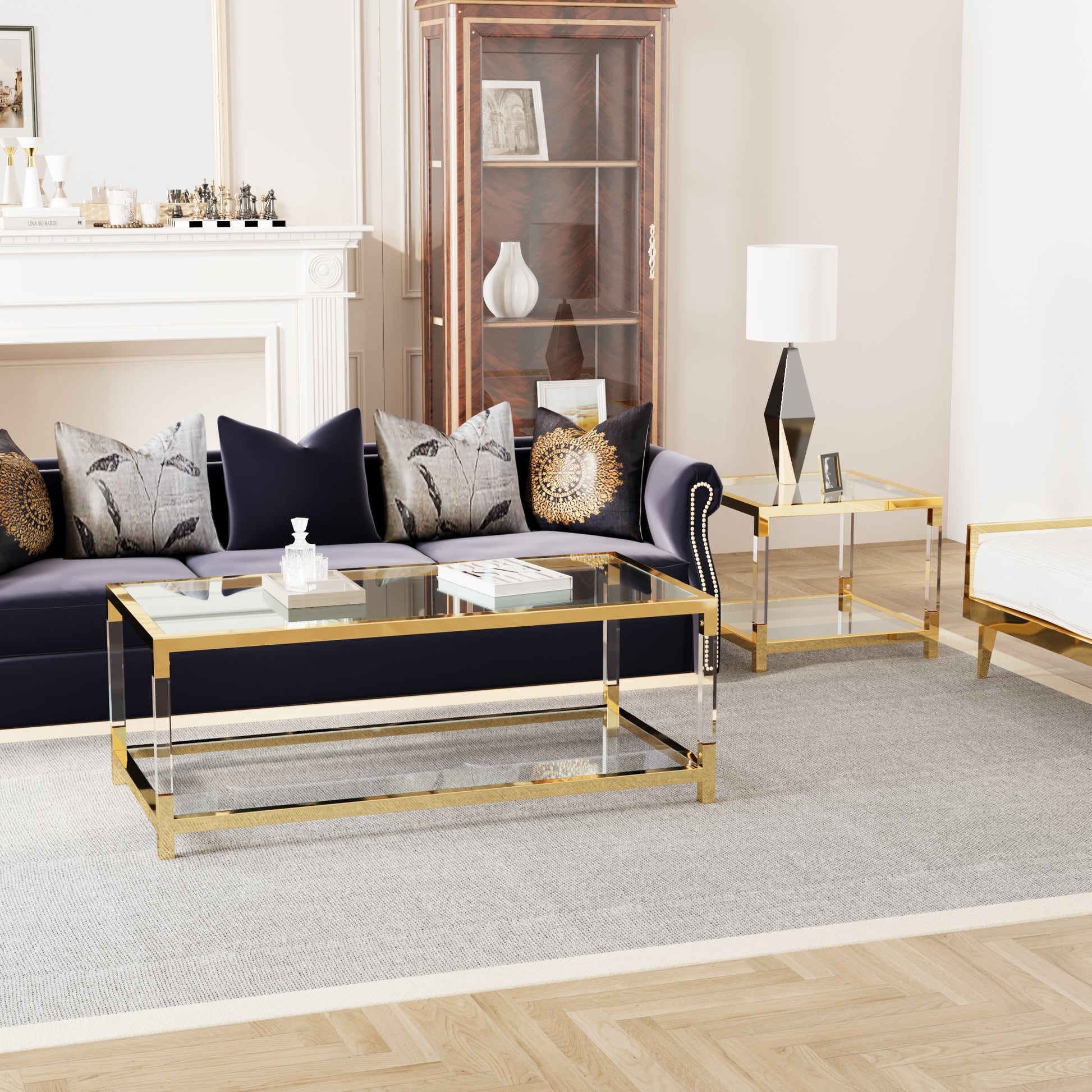 Modern Minimalist Living Room Furniture Set, Stylish Transparent Acrylic Leg Coffee Table, Square Edge Table, Tempered Glass Face Tea Table Combination Gold End Table Golden,Transparent Glass Acrylic