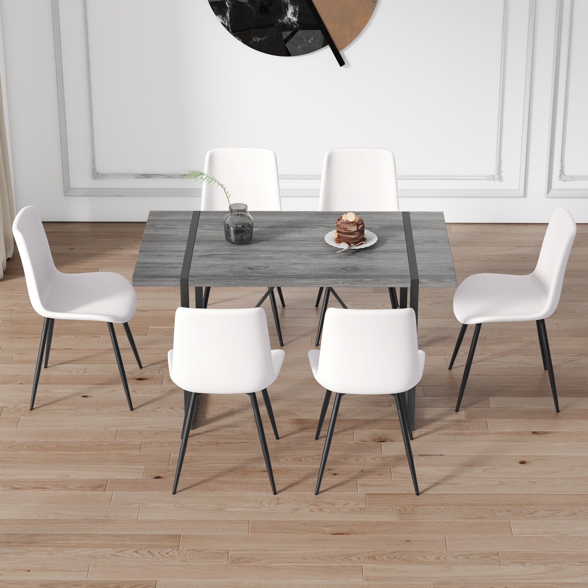 Table And Chair Set, Textured Top In Vintage Retro Grey Wood Grain Desktop, Black Metal Legs. Dining Chair With White Faux Leather Backrest Cushion With Black Metal Legs. Gray,Wood Seats 6 Mdf Metal